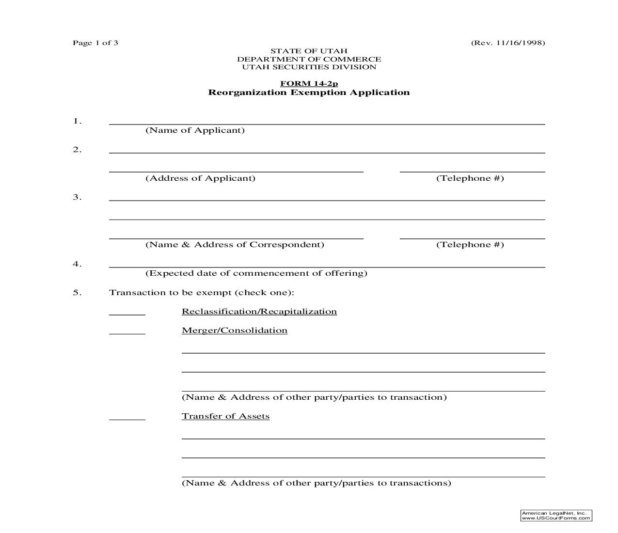 Reorganization Exemption Application {14-2P} | Pdf Fpdf Doc Docx | Utah