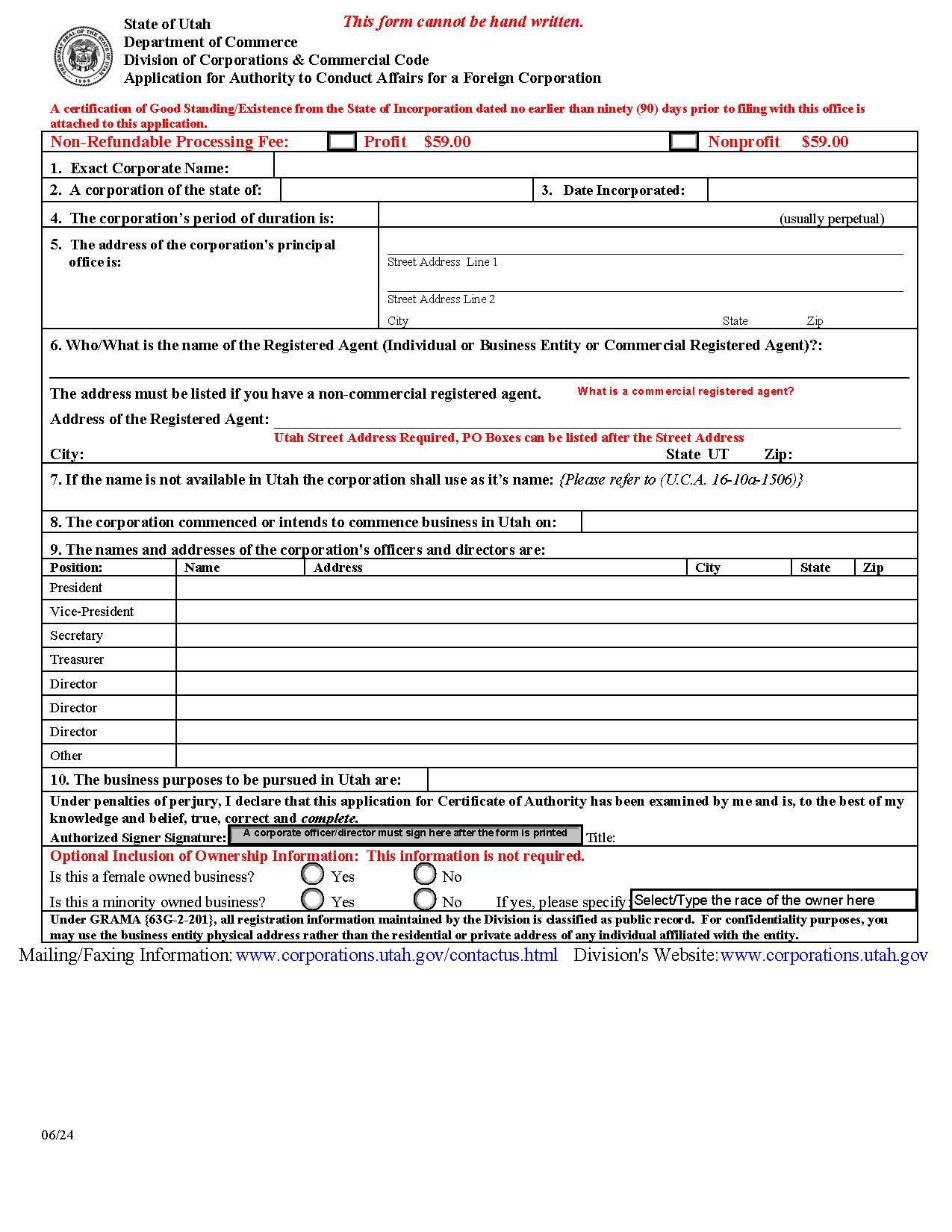 Application For Authority To Conduct Affairs For A Foreign Corporation | Pdf Fpdf Docx | Utah