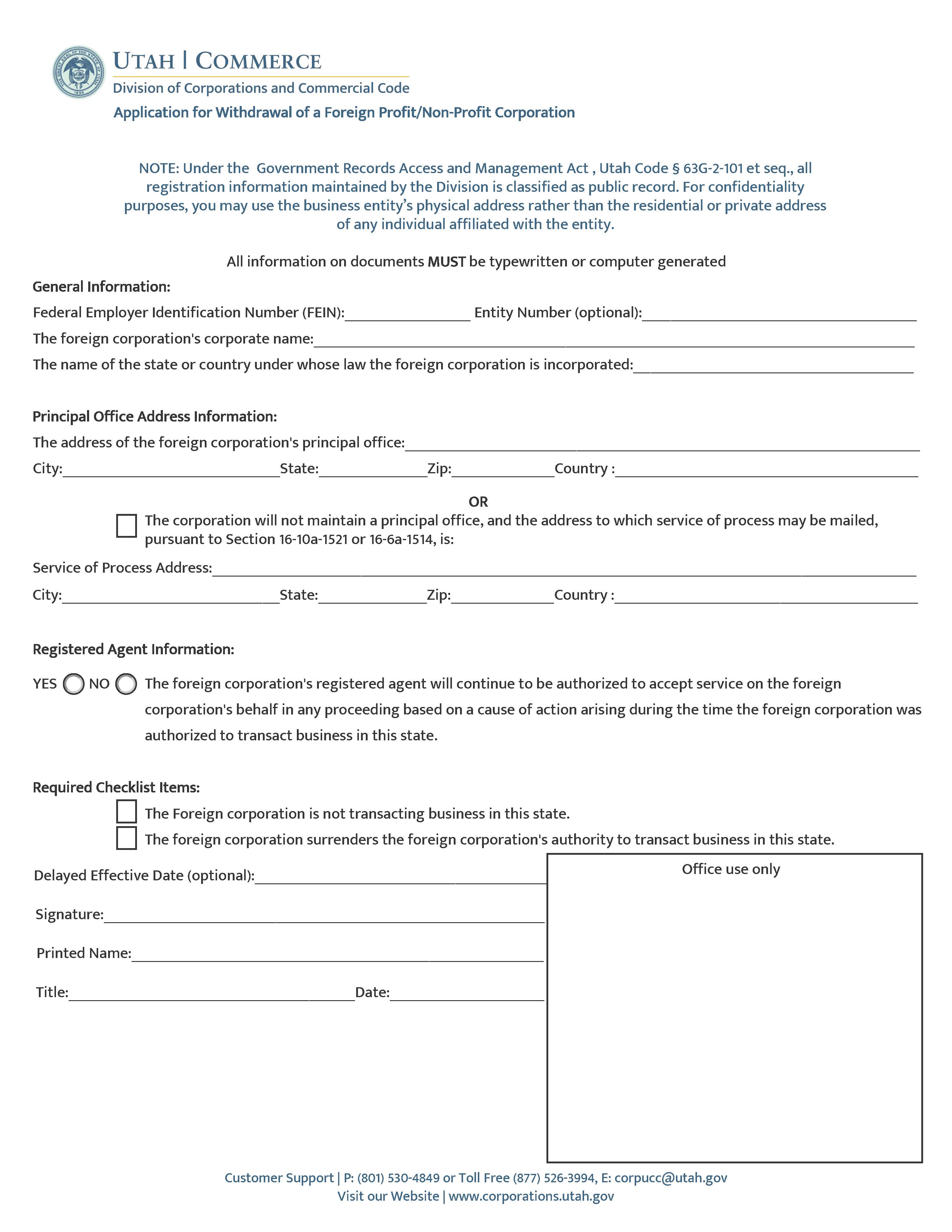 Application For Withdrawal (Foreign Profit Or Nonprofit Corp) | Pdf Fpdf Docx | Utah