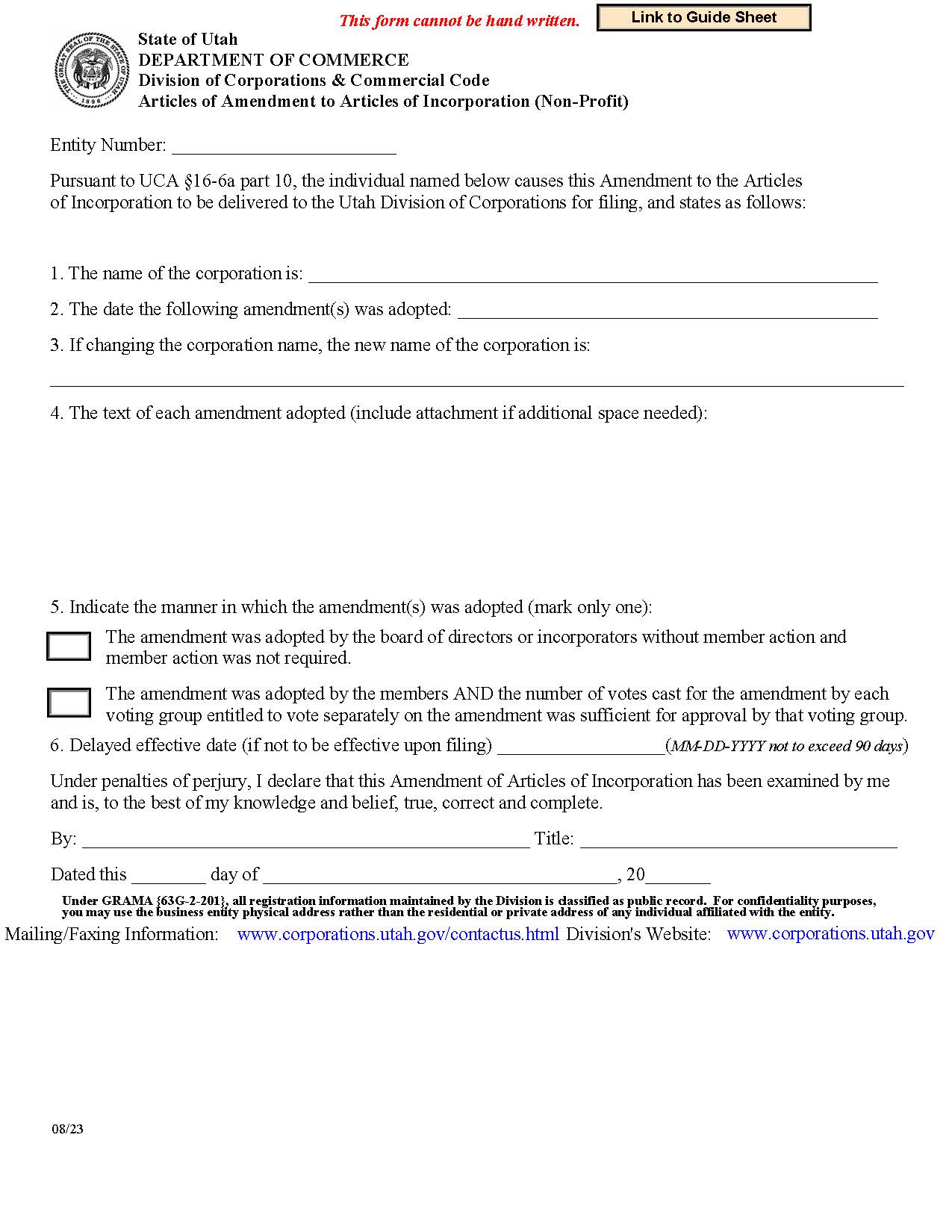 Articles Of Amendment To Articles Of Incorporation (Non Profit) | Pdf Fpdf Docx | Utah