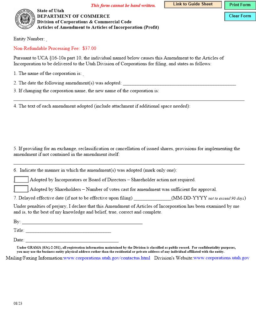 Articles Of Amendment To Articles Of Incorporation (Profit) | Pdf Fpdf Docx | Utah