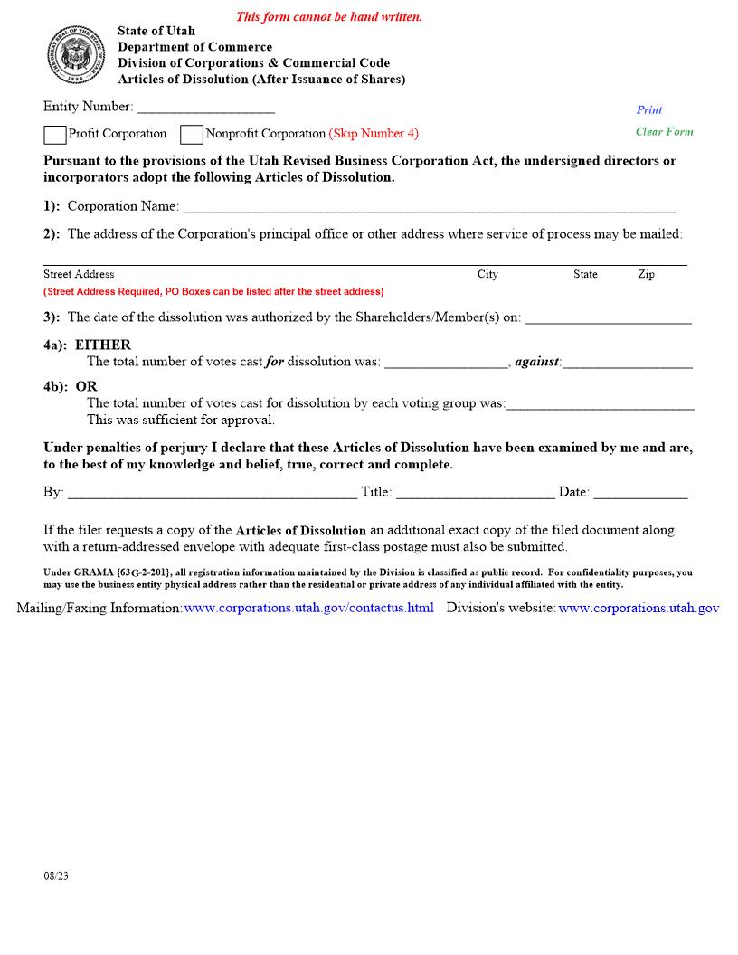 Articles Of Dissolution (Prior To The Issuance Of Shares) | Pdf Fpdf Doc Docx | Utah