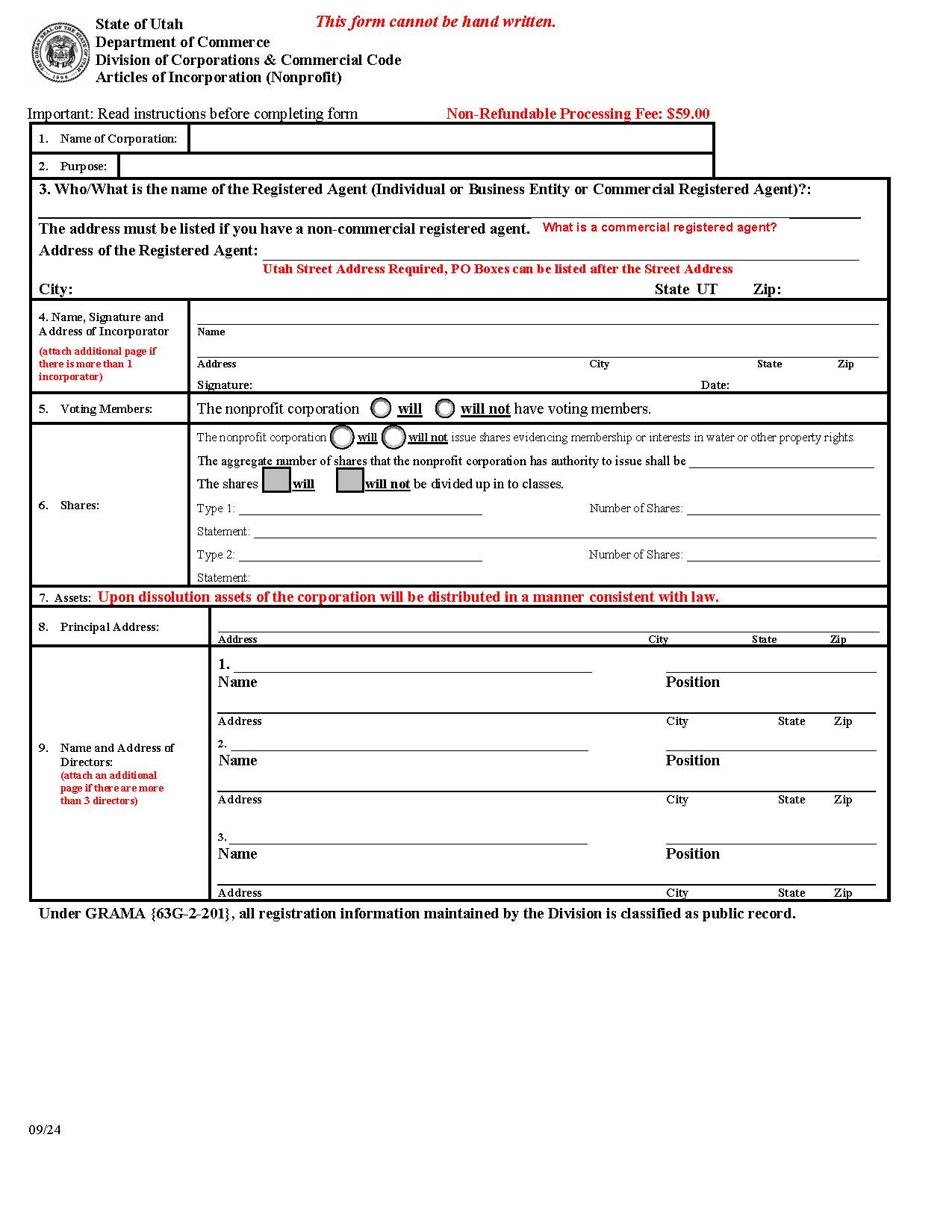 Articles Of Incorporation (Non Profit) | Pdf Fpdf Doc Docx | Utah