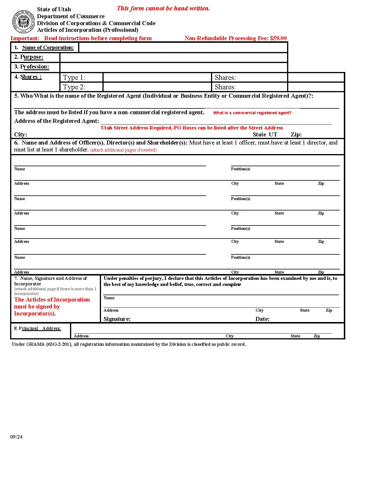 Articles Of Incorporation (Professional) | Pdf Fpdf Docx | Utah