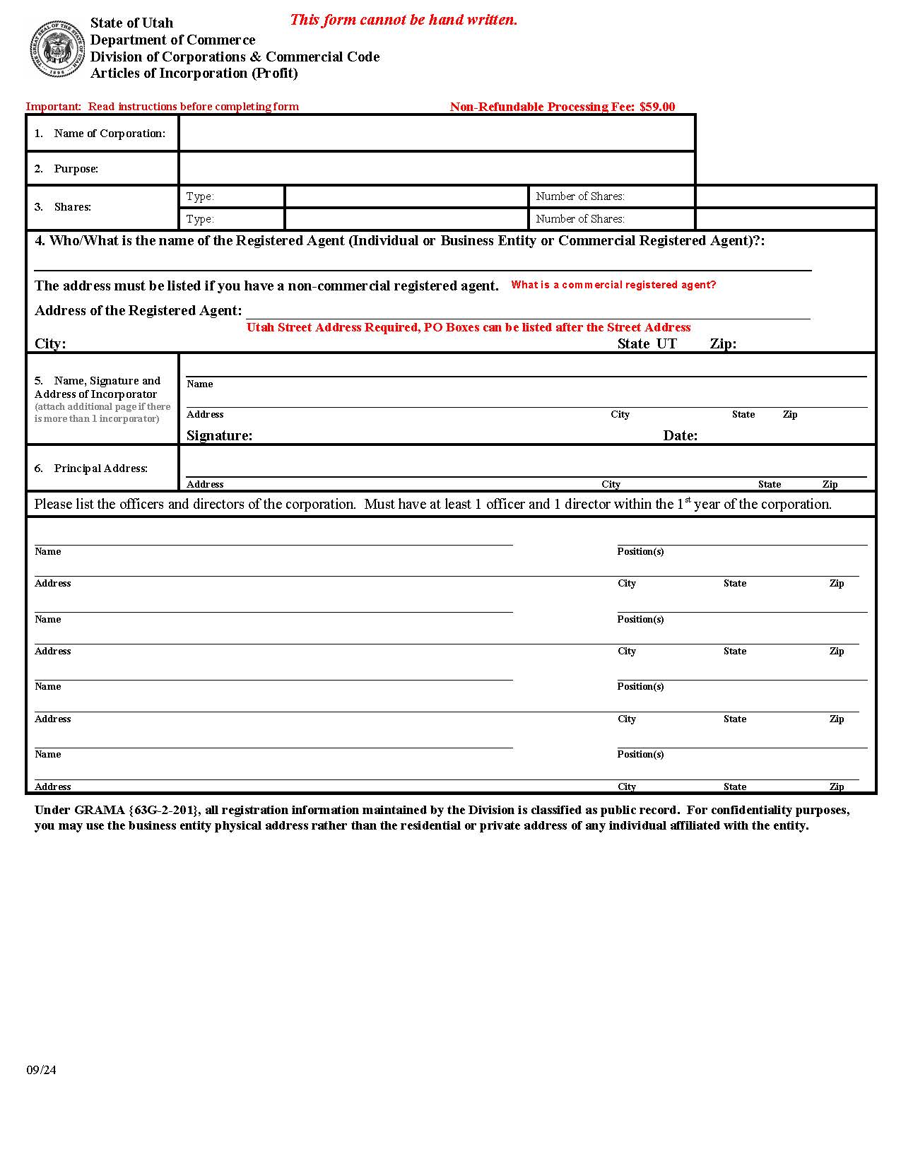 Articles Of Incorporation (Profit) | Pdf Fpdf Doc Docx | Utah