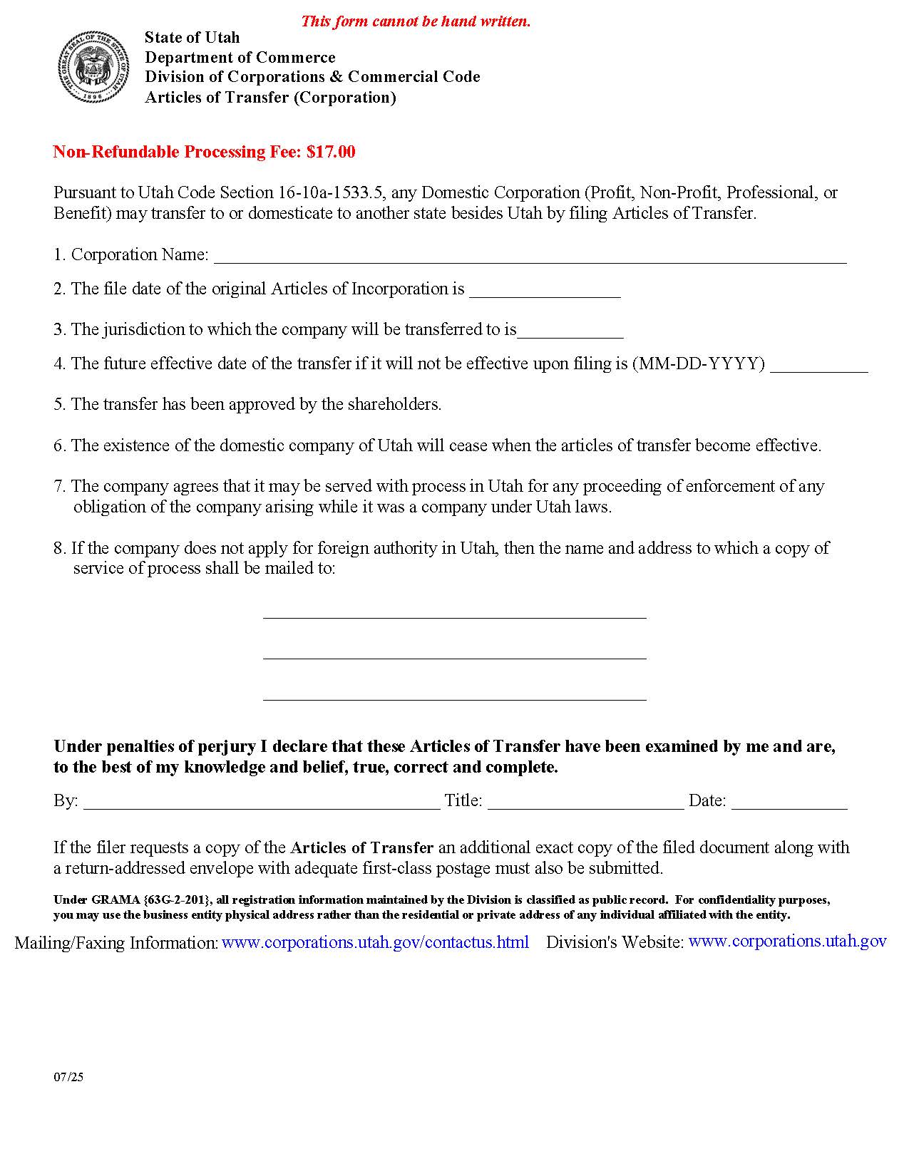 Articles Of Transfer (Corporation) | Pdf Fpdf Docx | Utah