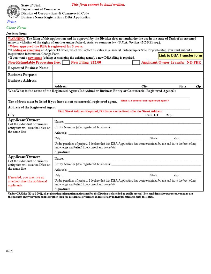 Business Name Registration Or DBA Application | Pdf Fpdf Doc Docx | Utah