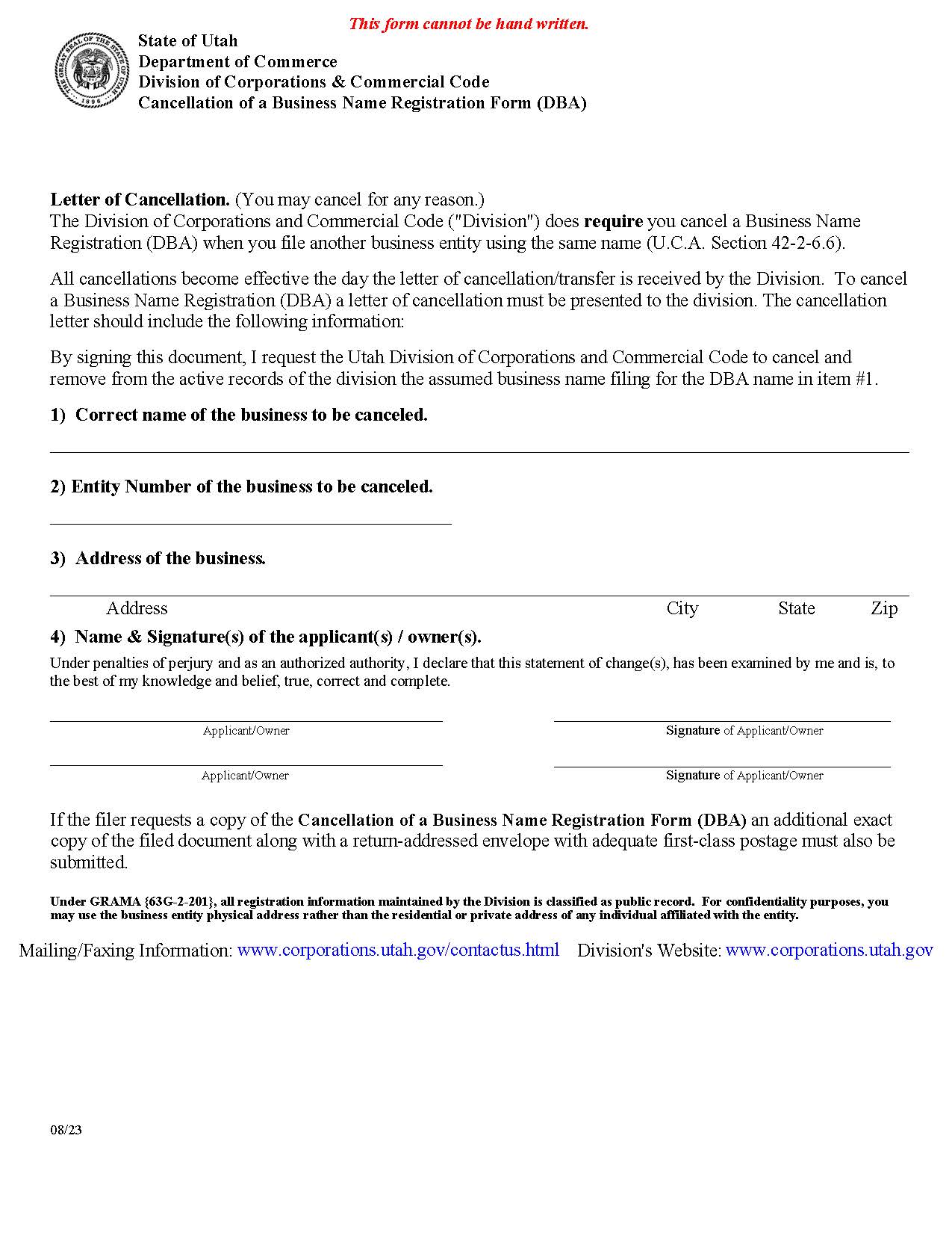 Cancellation Of Business Name Registration Form | Pdf Fpdf Docx | Utah