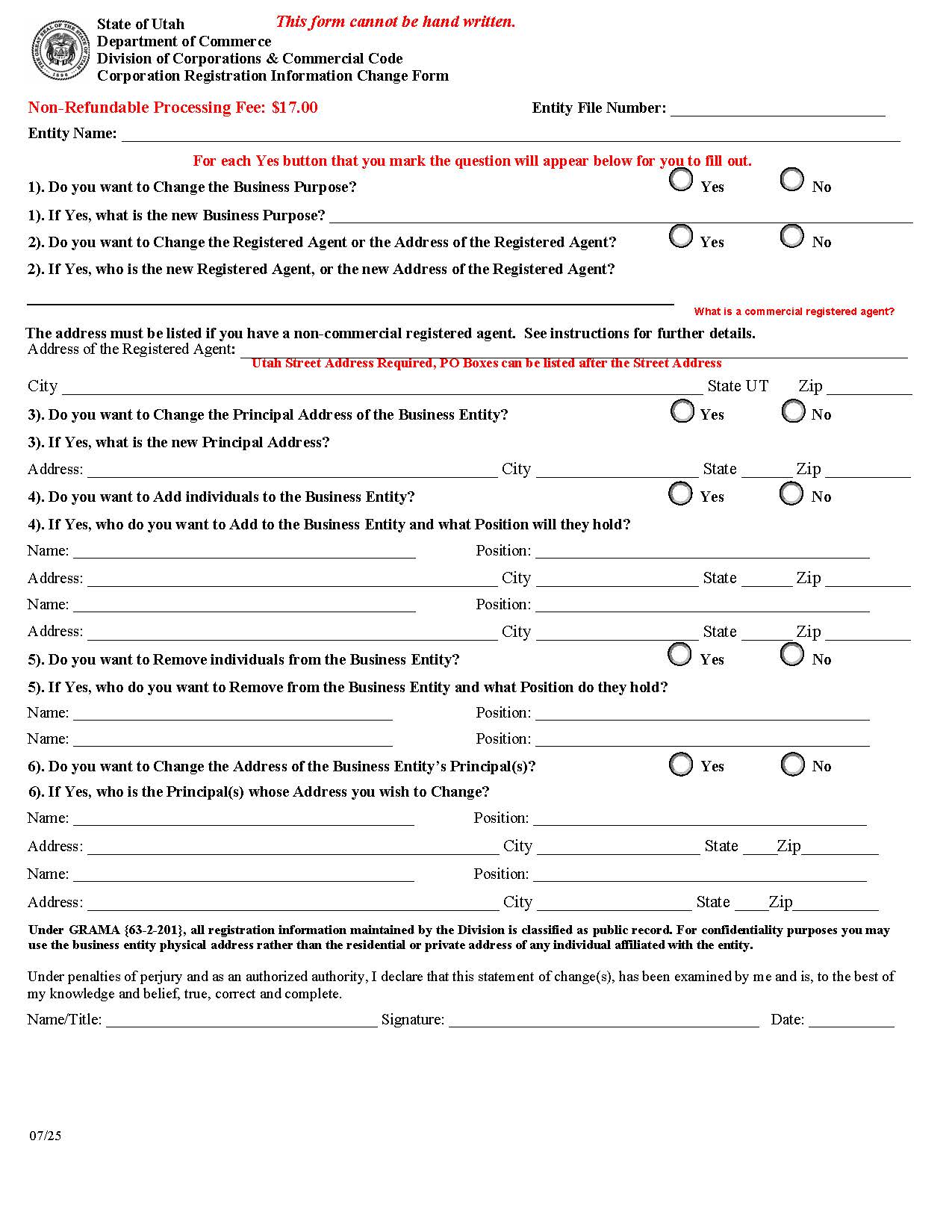 Corporation Registration Information Change Form | Pdf Fpdf Doc Docx | Utah