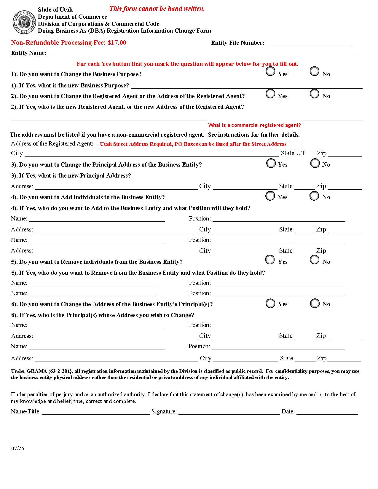 Doing Business As (DBA) Registration Information Change Form | Pdf Fpdf Docx | Utah