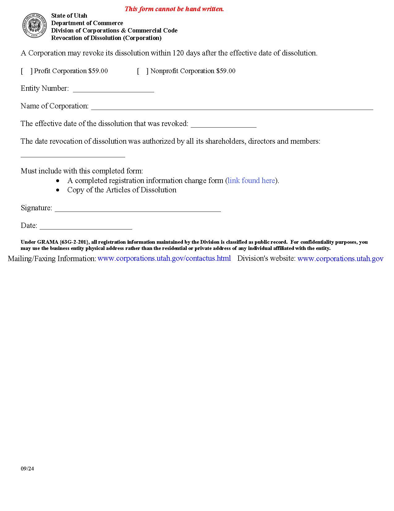 Revocation Of Dissolution (Corporation) {DoC-RoDC} | Pdf Fpdf Docx | Utah