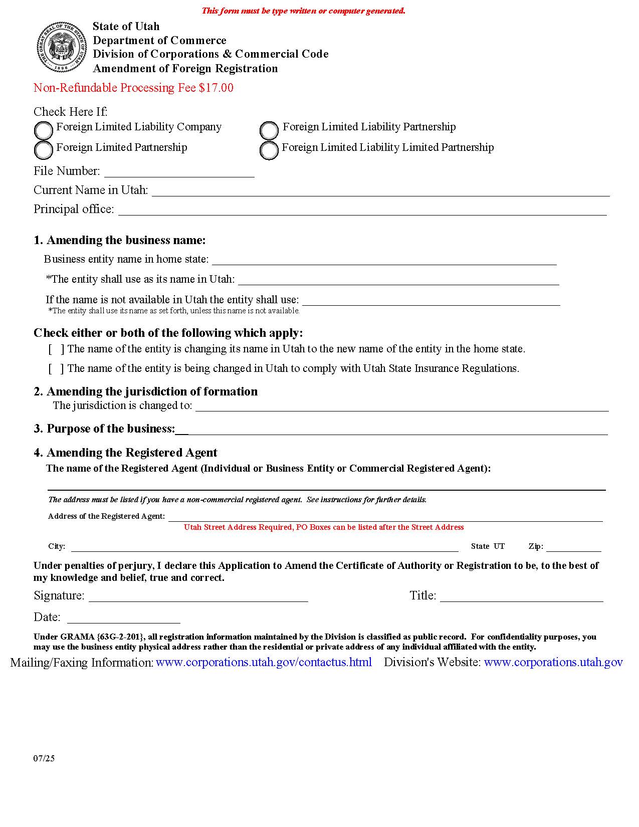 Amendment Of Foreign Registration {UT-AoFR} | Pdf Fpdf Docx | Utah