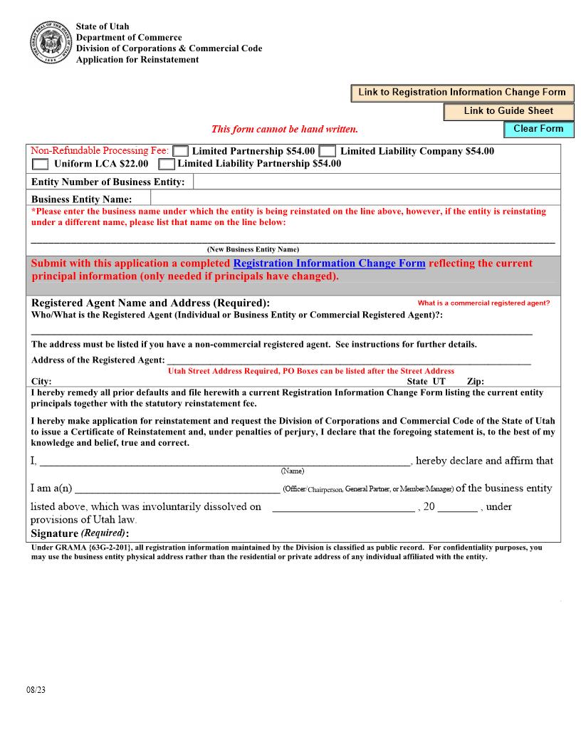 Application For Reinstatement {DoS-AfR} | Pdf Fpdf Docx | Utah