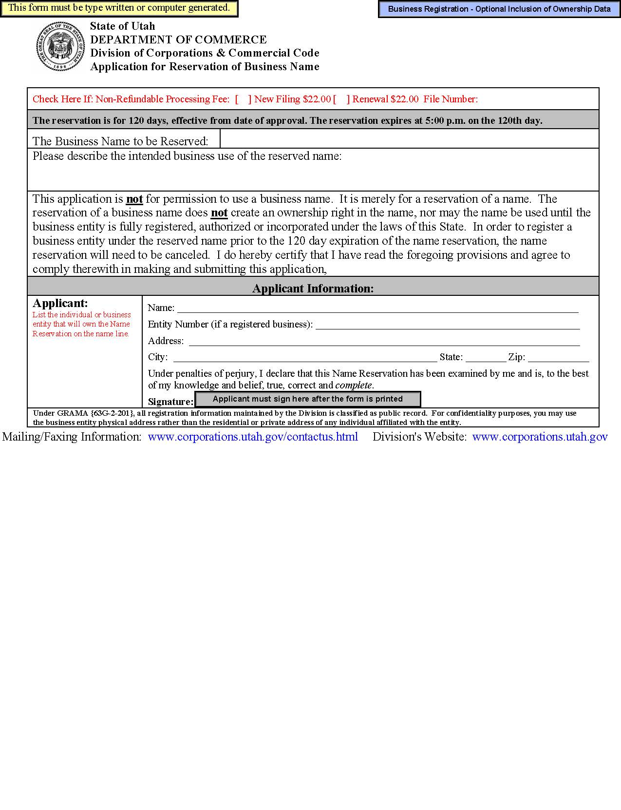 Application For Reservation Of Business Name {DoC-ARBN} | Pdf Fpdf Doc Docx | Utah