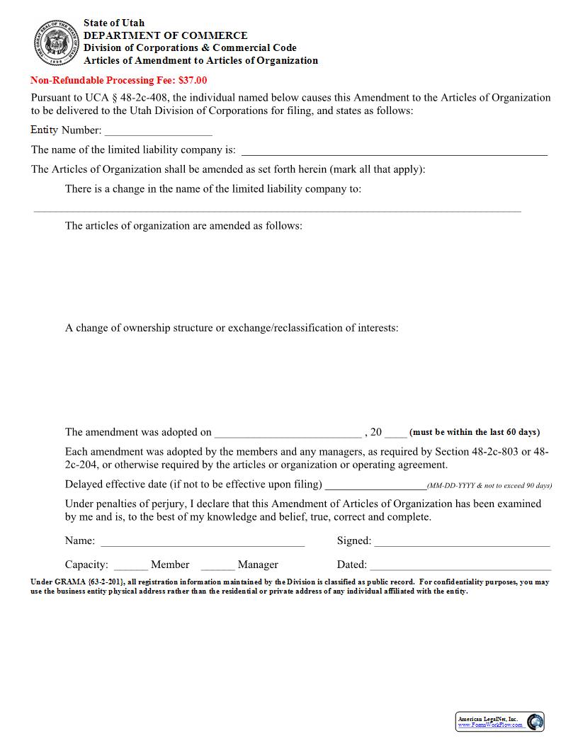 Articles Of Amendment To Articles Of Organization (LLC) | Pdf Fpdf Docx | Utah