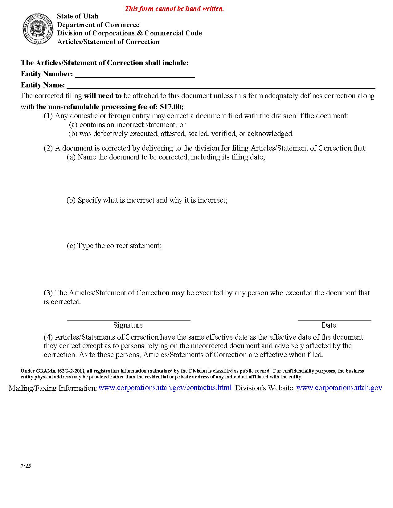Articles Statement Of Correction | Pdf Fpdf Docx | Utah