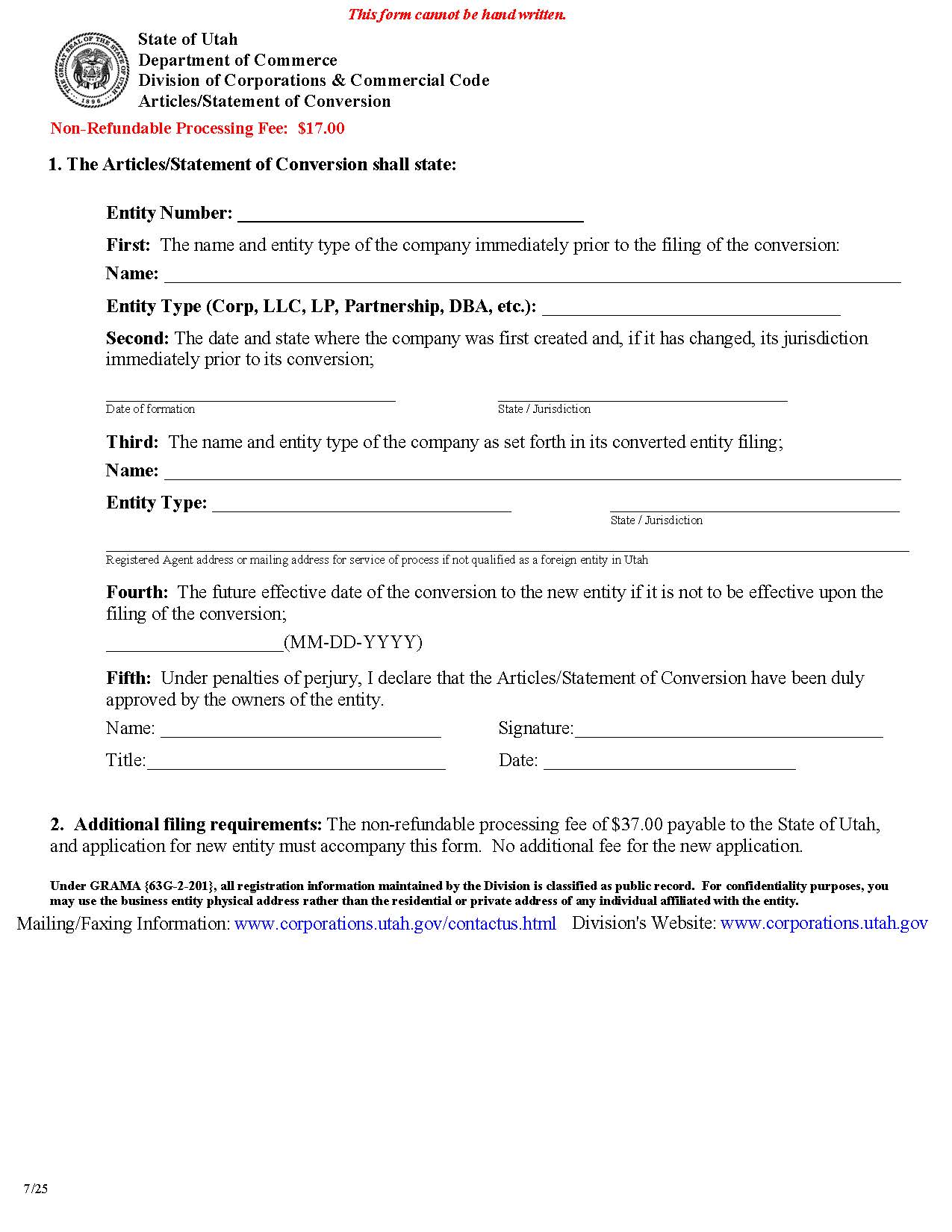 Articles-Statement Of Conversion {UT-SoCon} | Pdf Fpdf Docx | Utah