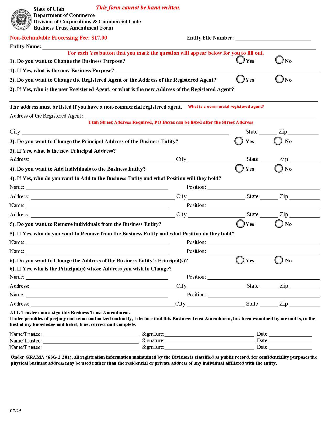 Business Trust Amendment Form {DoC-BTAF} | Pdf Fpdf Docx | Utah