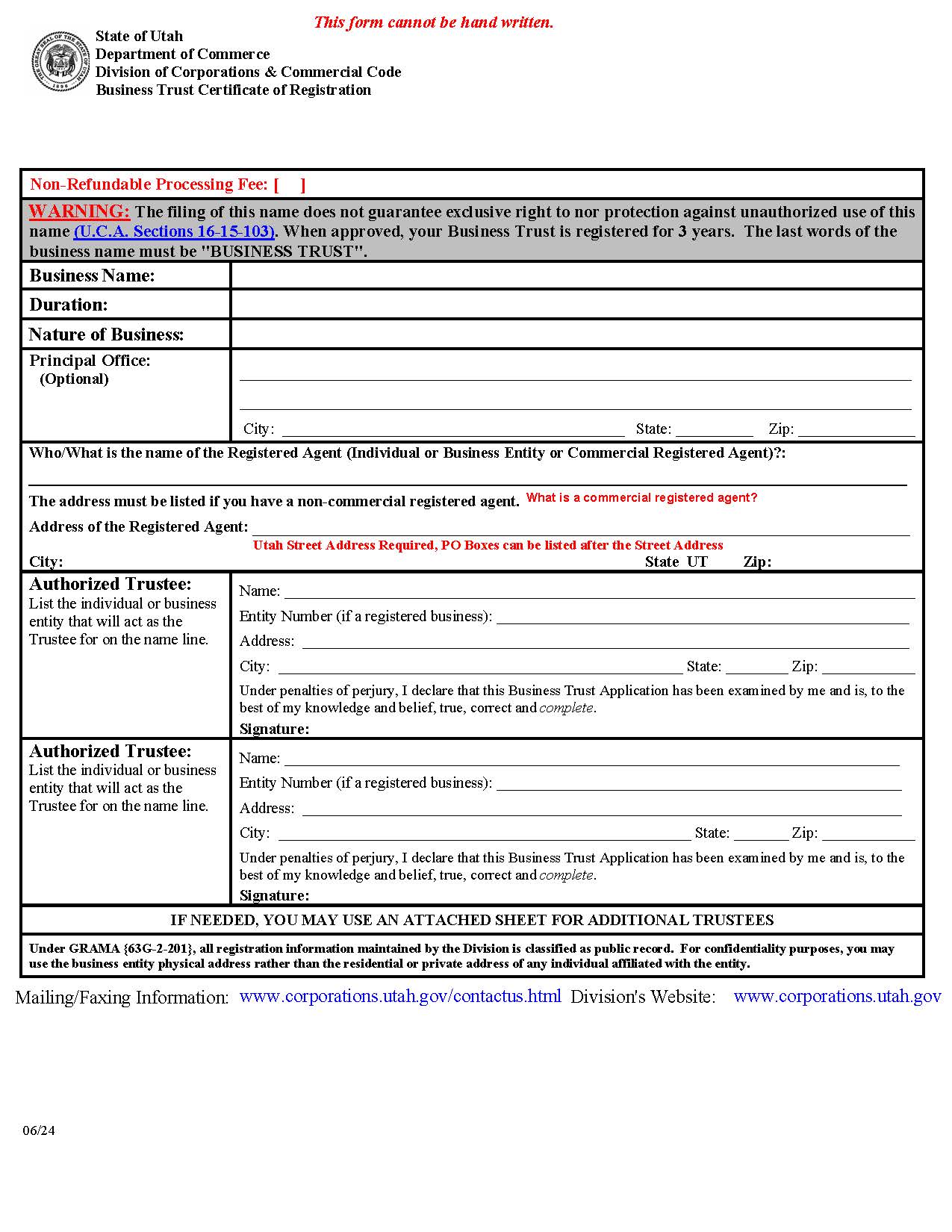 Business Trust Certification Of Registration {DoC-BTCoR} | Pdf Fpdf Docx | Utah