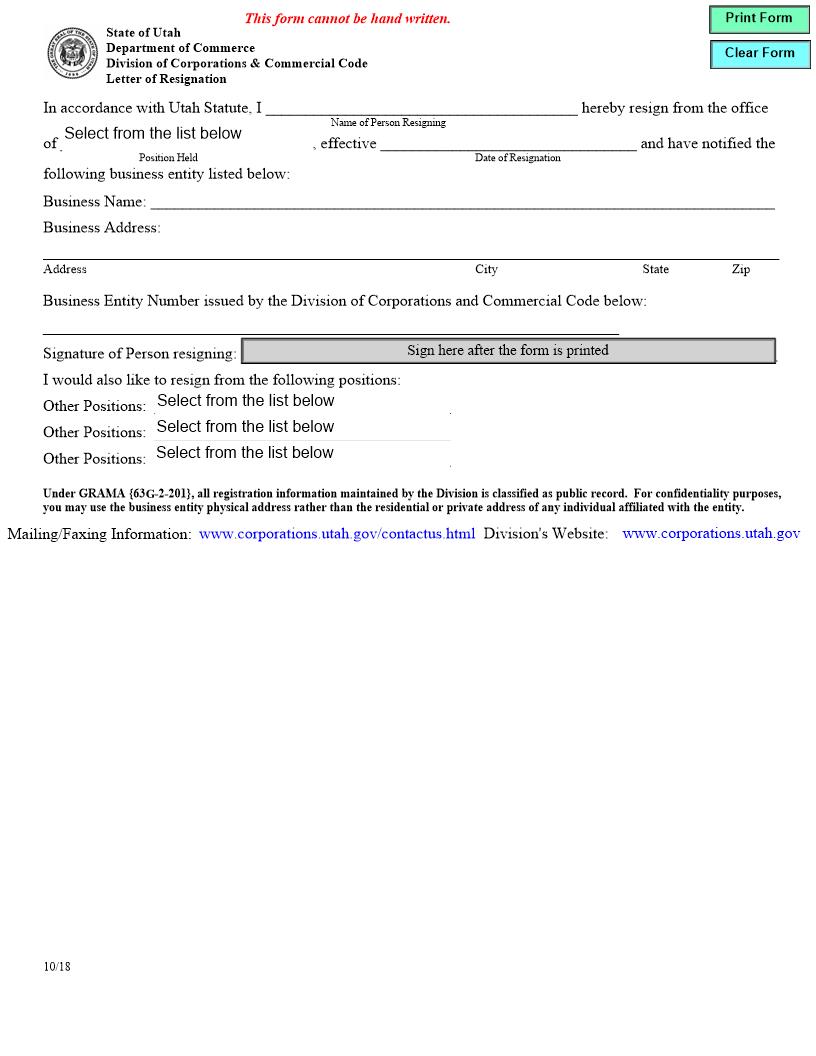 Letter Of Resignation {UT-LoR} | Pdf Fpdf Docx | Utah