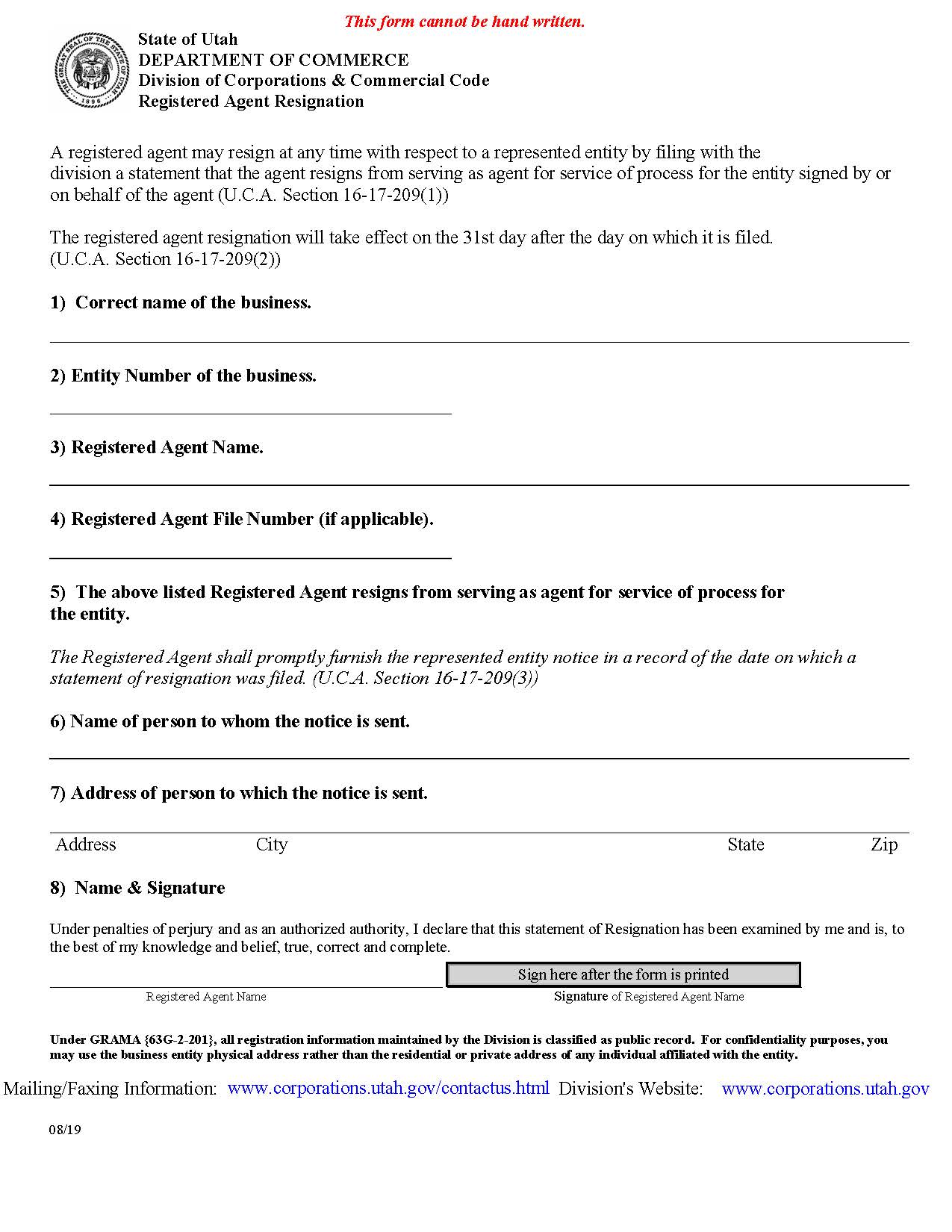 Registered Agent Resignation {DoC-RAR} | Pdf Fpdf Docx | Utah