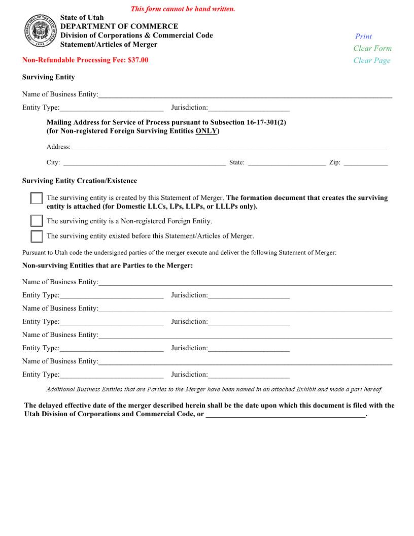 Statement Articles Of Merger | Pdf Fpdf Docx | Utah