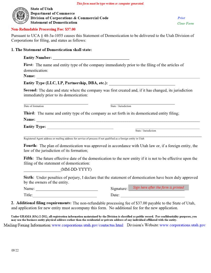 Statement Of Domestication {UT-SDom} | Pdf Fpdf Docx | Utah