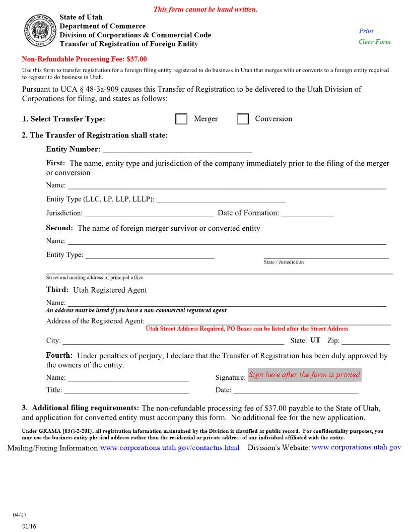 Transfer Of Registration Of Foreign Entity | Pdf Fpdf Doc Docx | Utah
