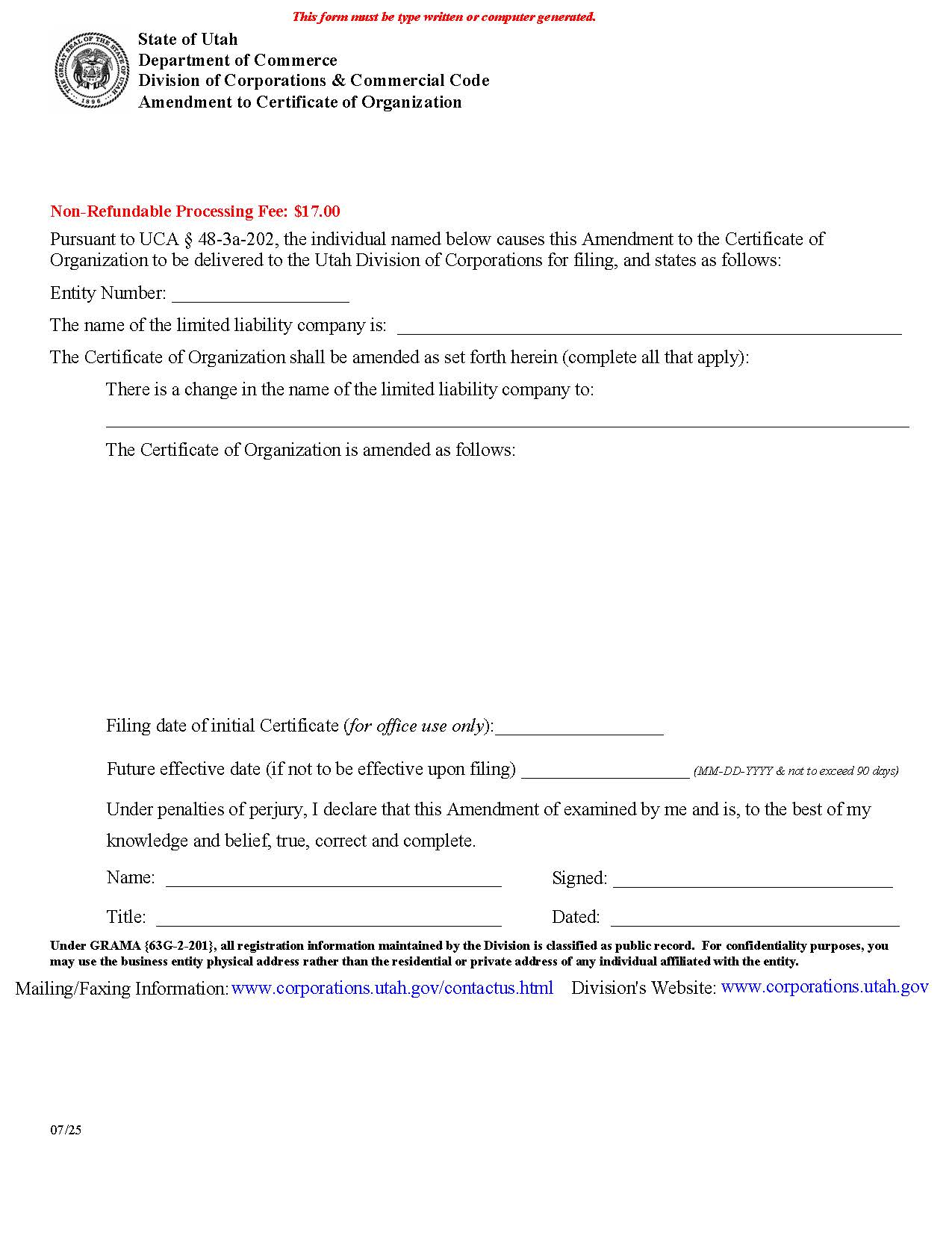 Amendment To Certificate Of Organization {UT-ACOLLC} | Pdf Fpdf Doc Docx | Utah