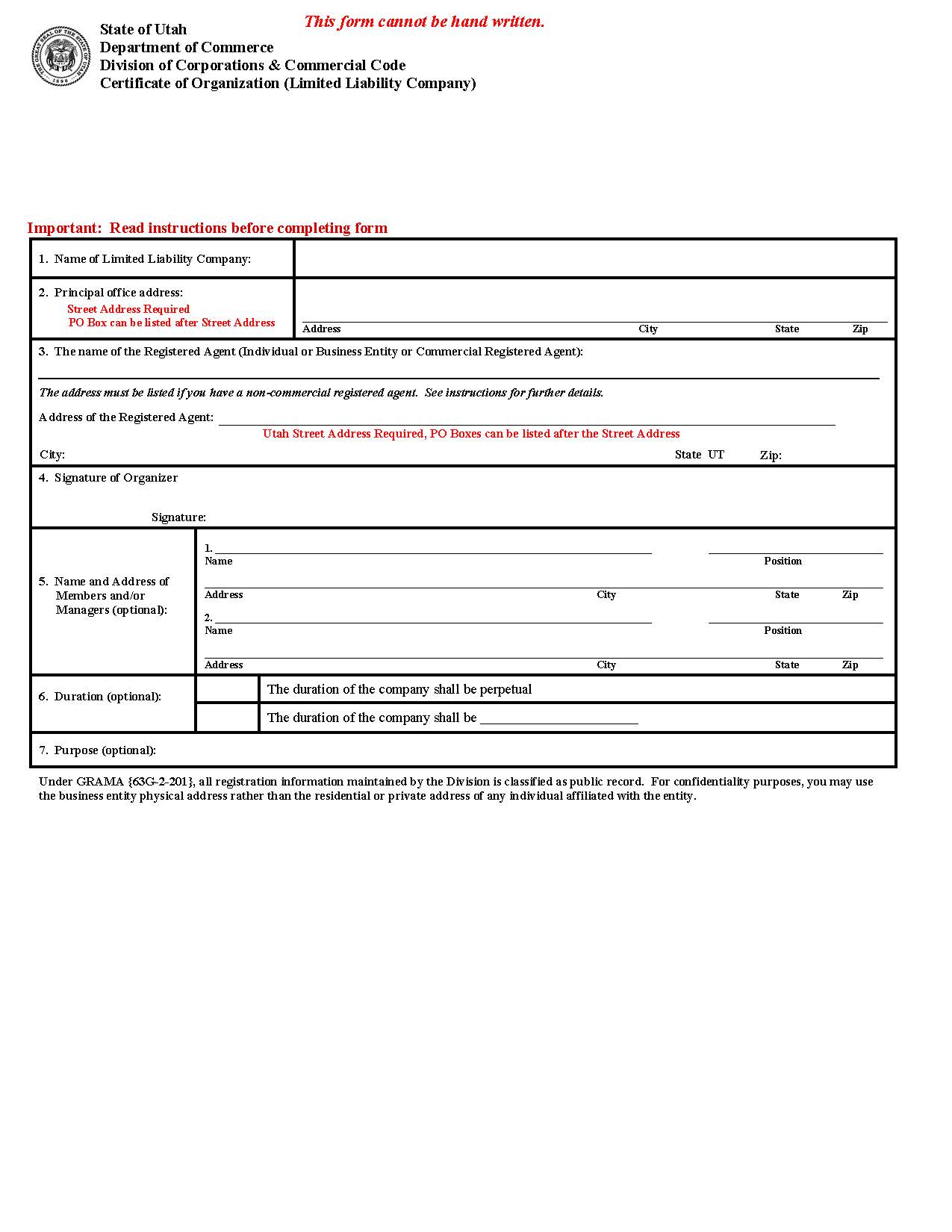 Certificate Of Organization {UT-CoO} | Pdf Fpdf Doc Docx | Utah