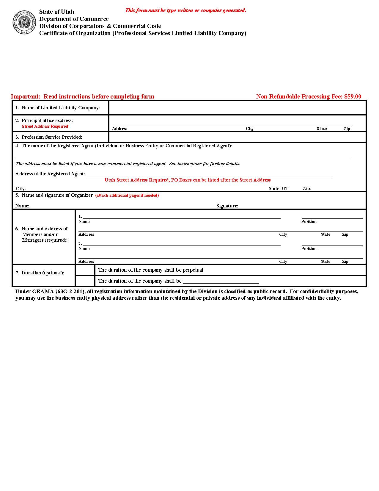 Certificate Of Organization (Professional Services) {UT-CoOPS} | Pdf Fpdf Docx | Utah