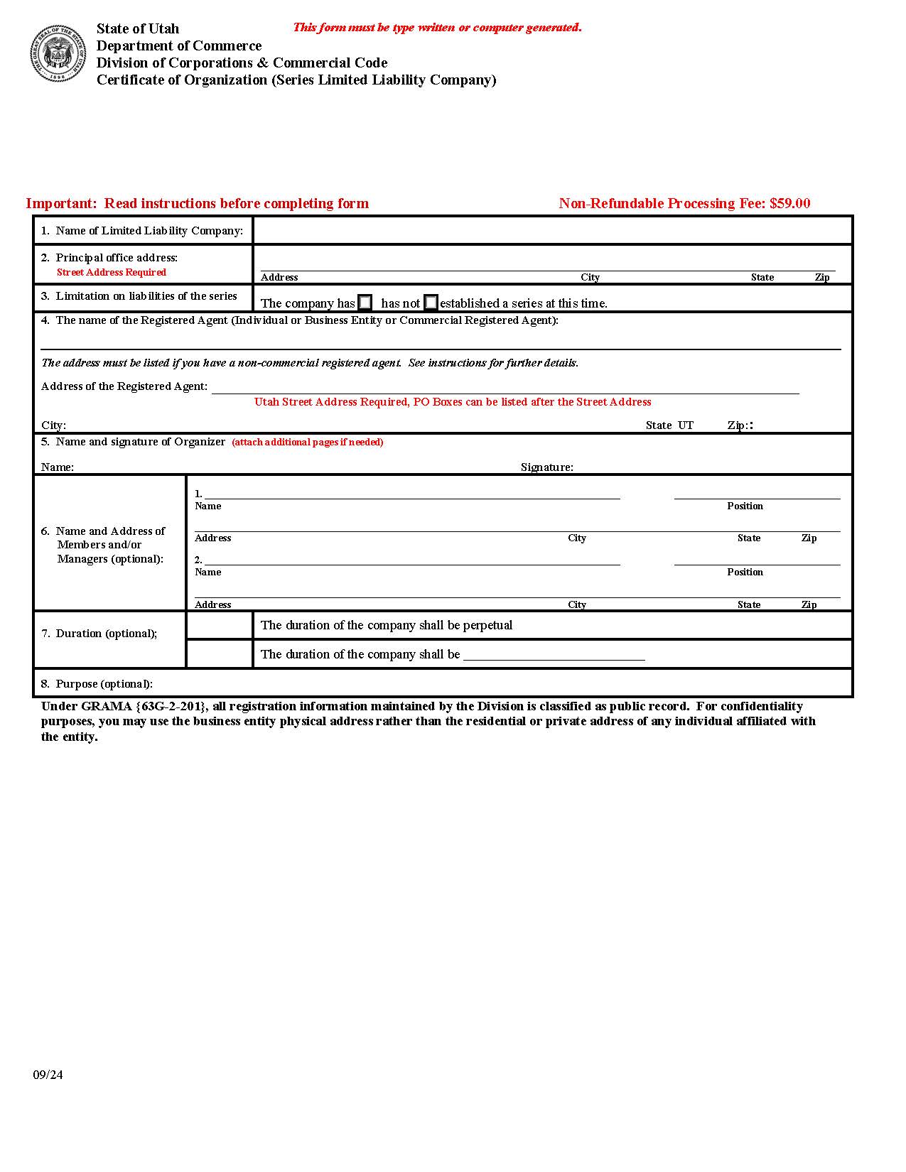 Certificate Of Organization (Series) {UT-CoOSLLC} | Pdf Fpdf Doc Docx | Utah