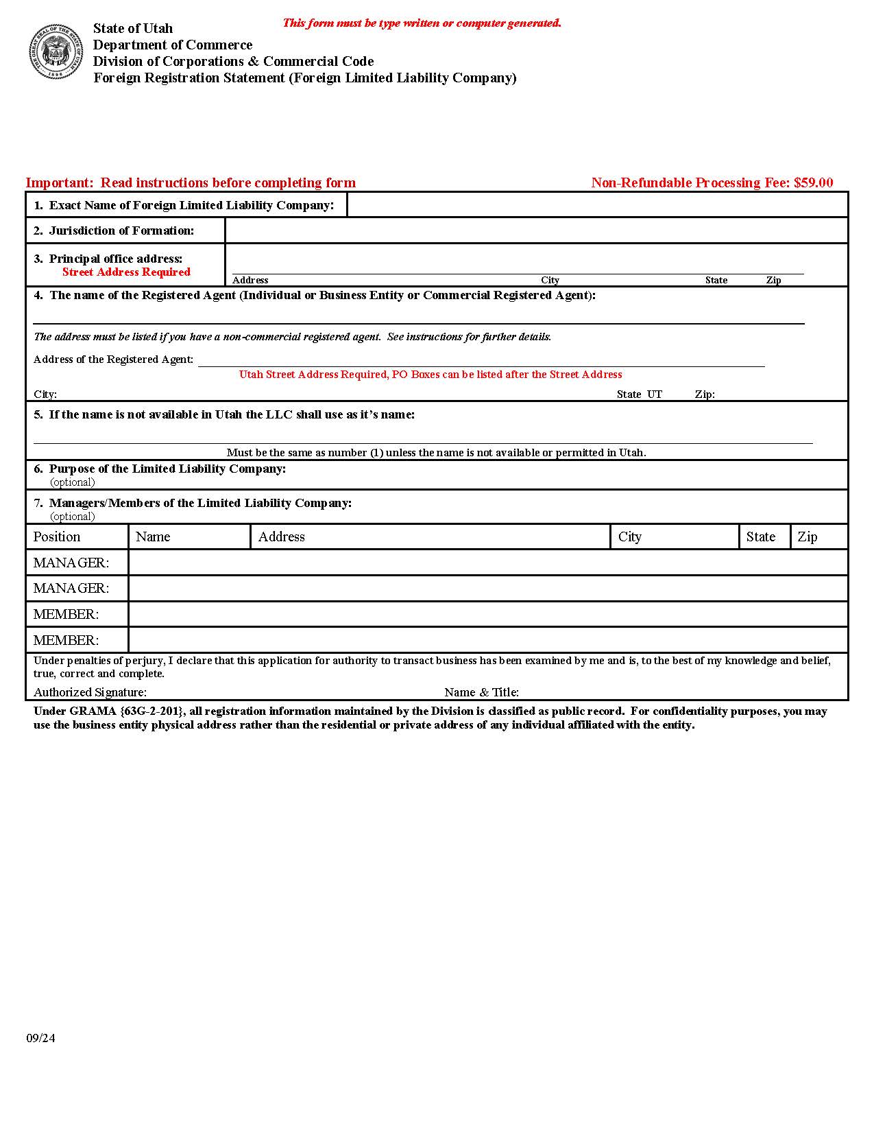 Foreign Registration Statement {UT-FRSLLC} | Pdf Fpdf Doc Docx | Utah