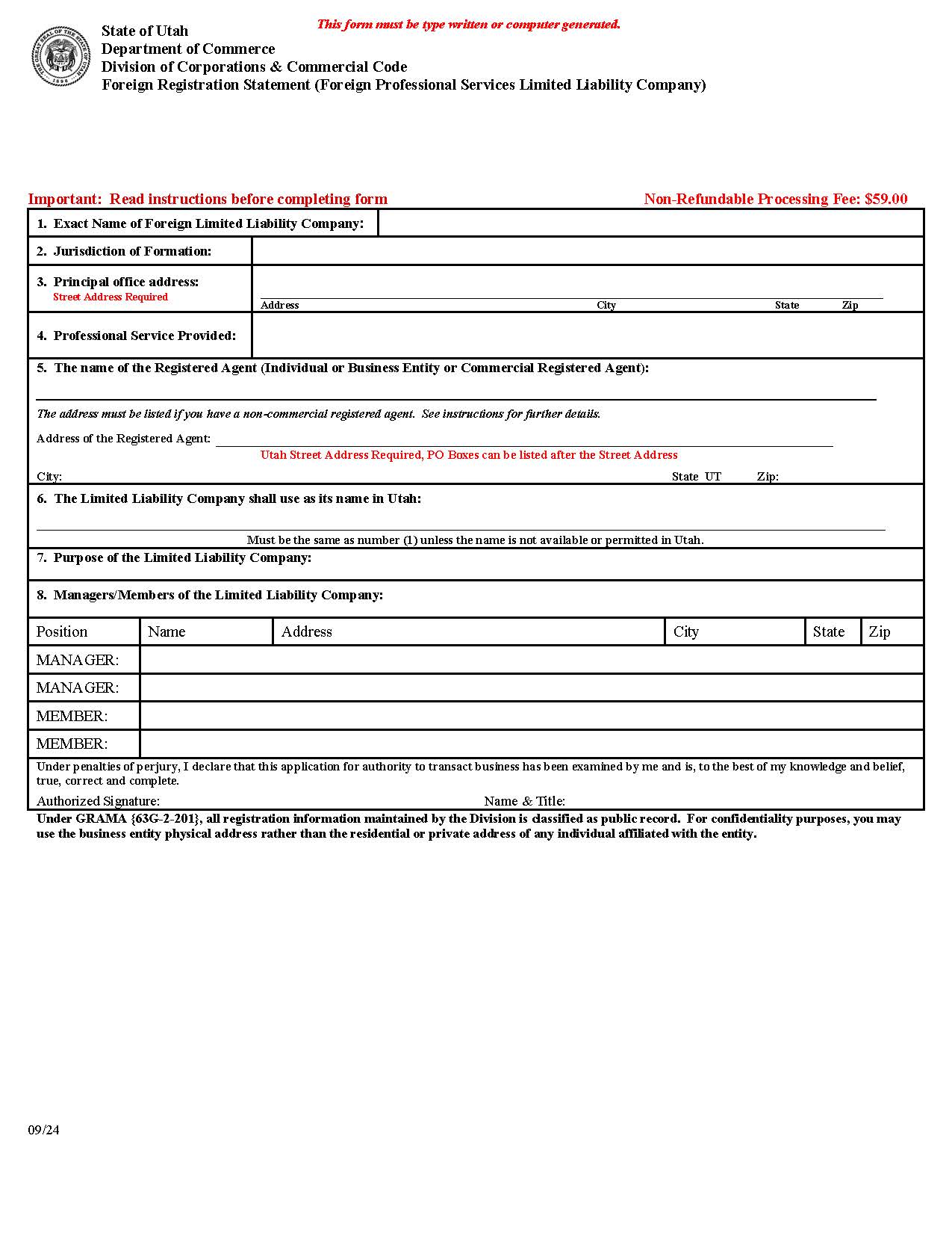 Foreign Registration Statement (Professional Services) {UT-FRSLLC} | Pdf Fpdf Docx | Utah