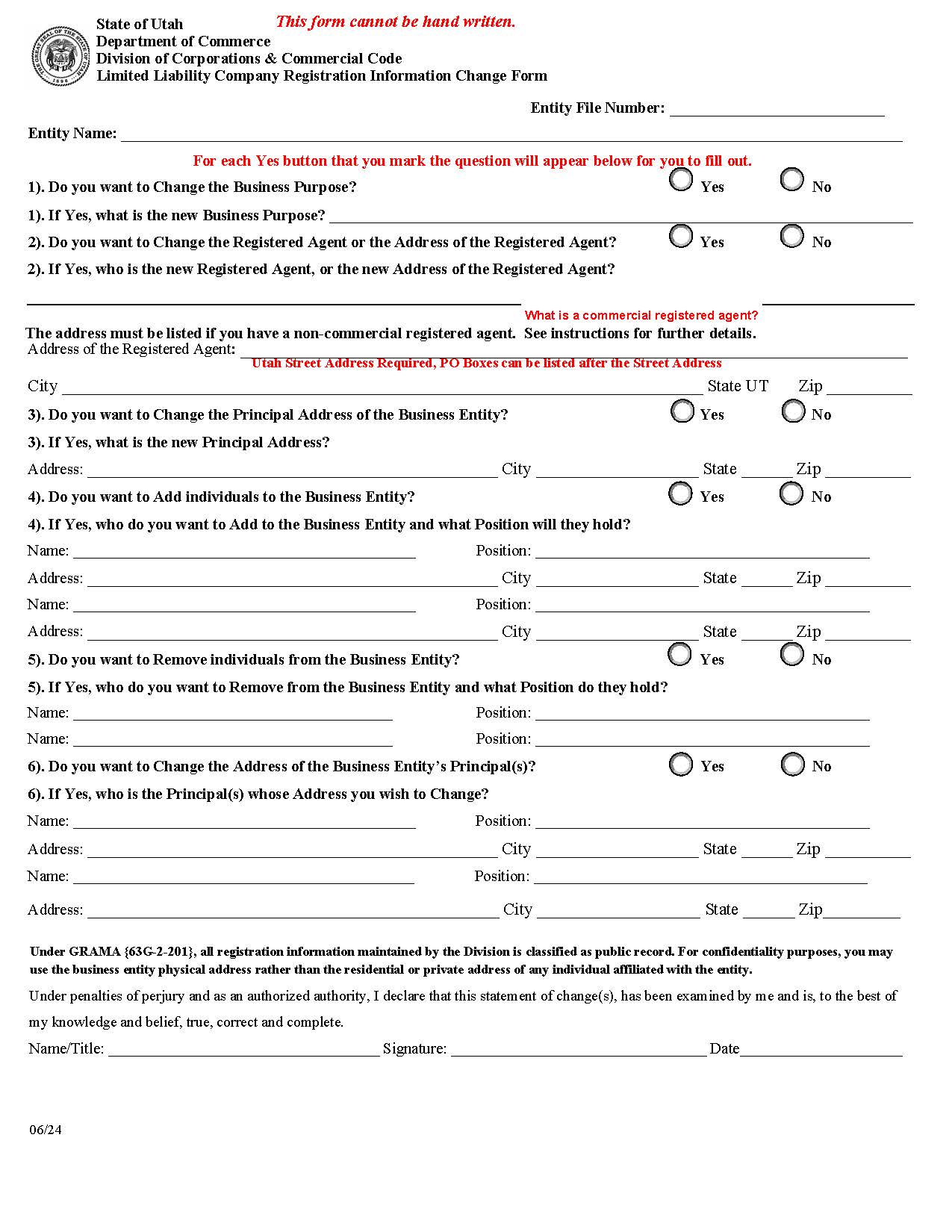 LLC Registration Information Change Form {UT-RICF} | Pdf Fpdf Docx | Utah