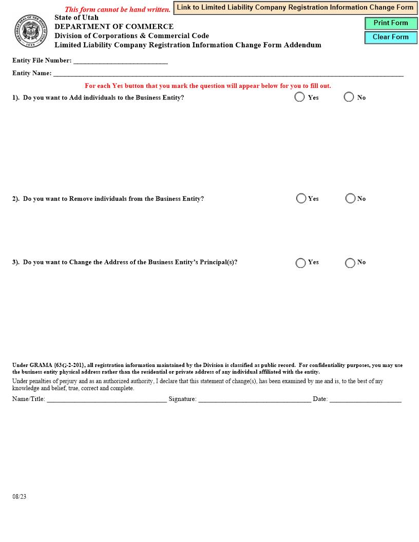 LLC Registration Information Change Form Addendum {UT-RICFA} | Pdf Fpdf Docx | Utah