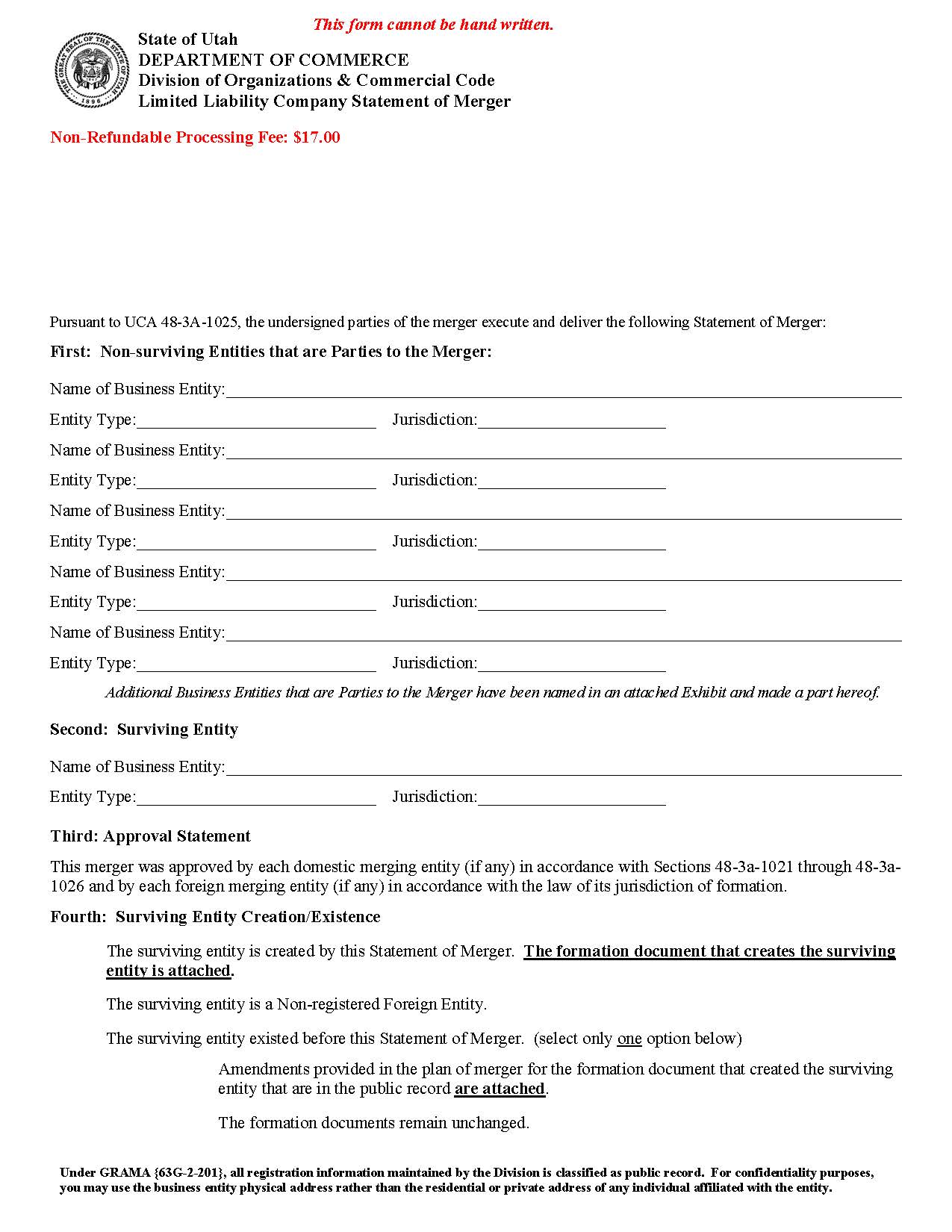 LLC Statement Of Merger {UT-LLCSoM} | Pdf Fpdf Docx | Utah