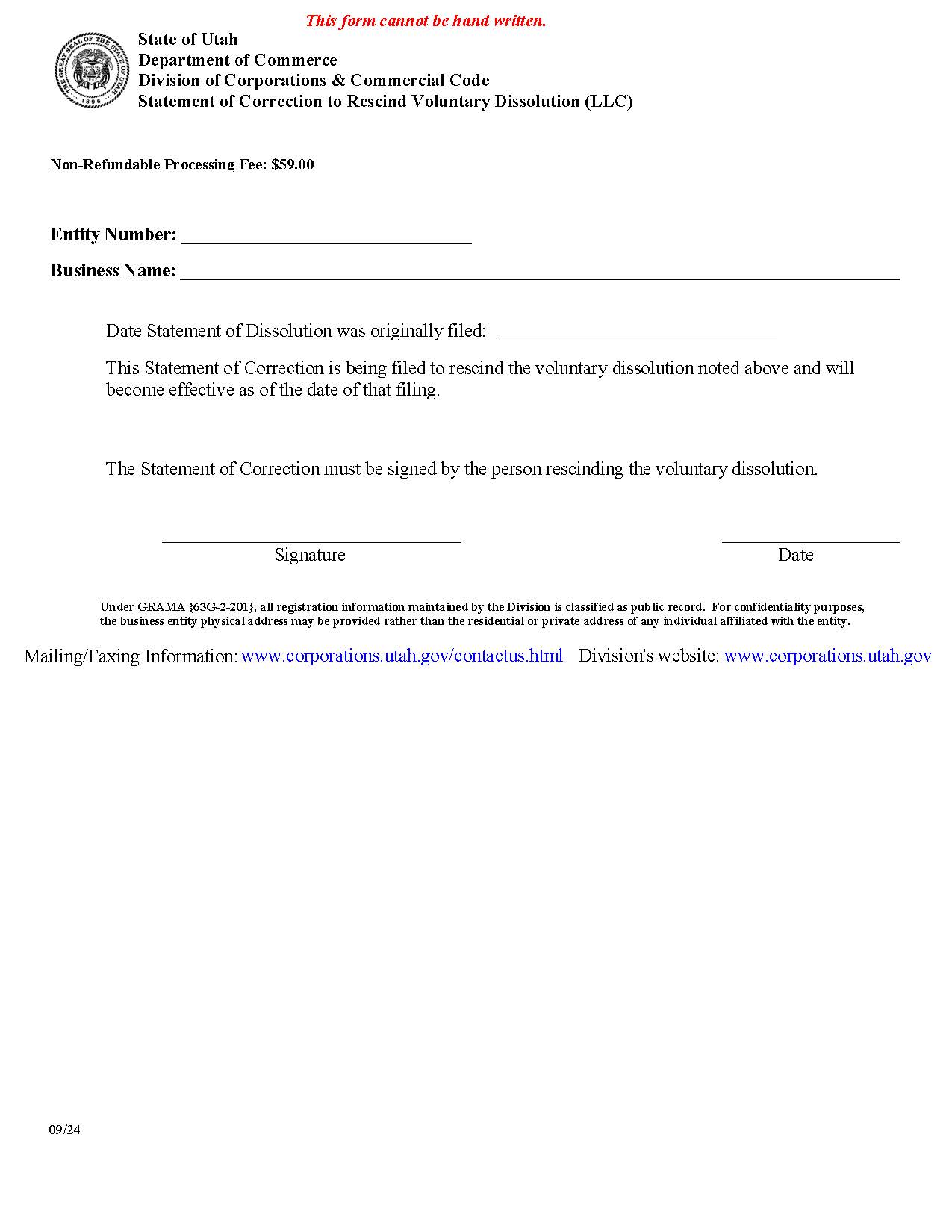 Statement Of Correction To Rescind Voluntary Dissolution {UT-SCRVD} | Pdf Fpdf Docx | Utah