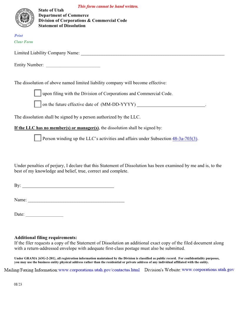 Statement Of Dissolution (UT-SoD) | Pdf Fpdf Docx | Utah