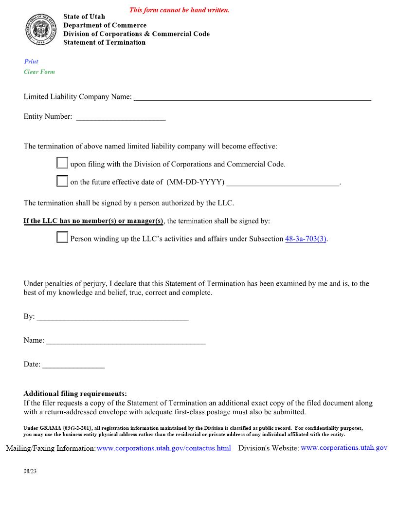 Statement Of Termination {UT-SoT} | Pdf Fpdf Docx | Utah