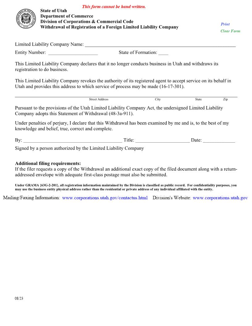 Withdrawal Of Registration Of Foreign LLC {UT-WRFLLC} | Pdf Fpdf Doc Docx | Utah