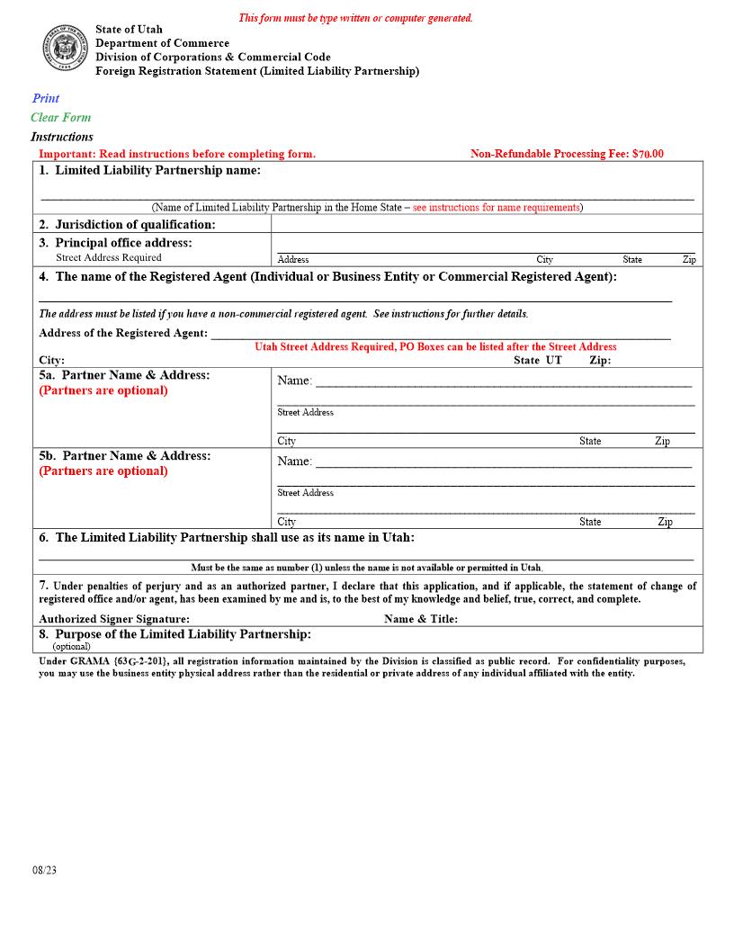 Foreign Registration Statement {UT-FRSLLP} | Pdf Fpdf Doc Docx | Utah