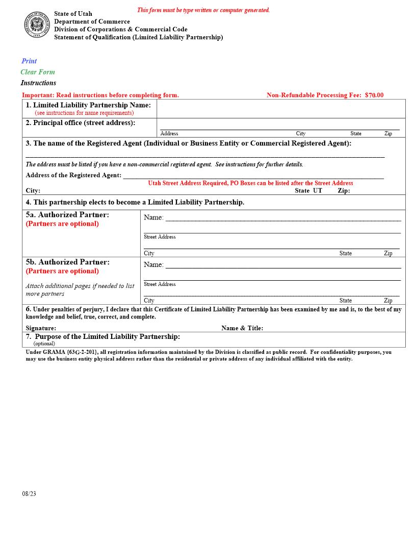 Statement Of Qualification {UT-SoQLLP} | Pdf Fpdf Doc Docx | Utah