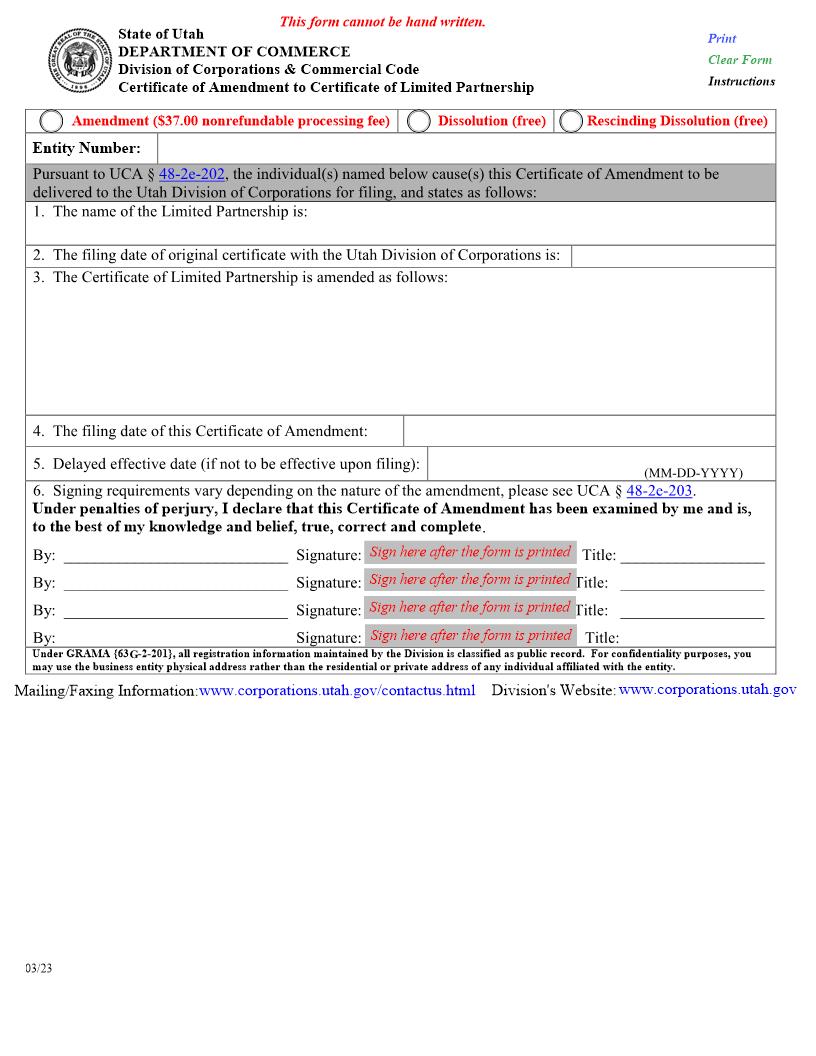 Certificate Of Amendment To Certificate Of Limited Partnership {UT-CACLP} | Pdf Fpdf Doc Docx | Utah