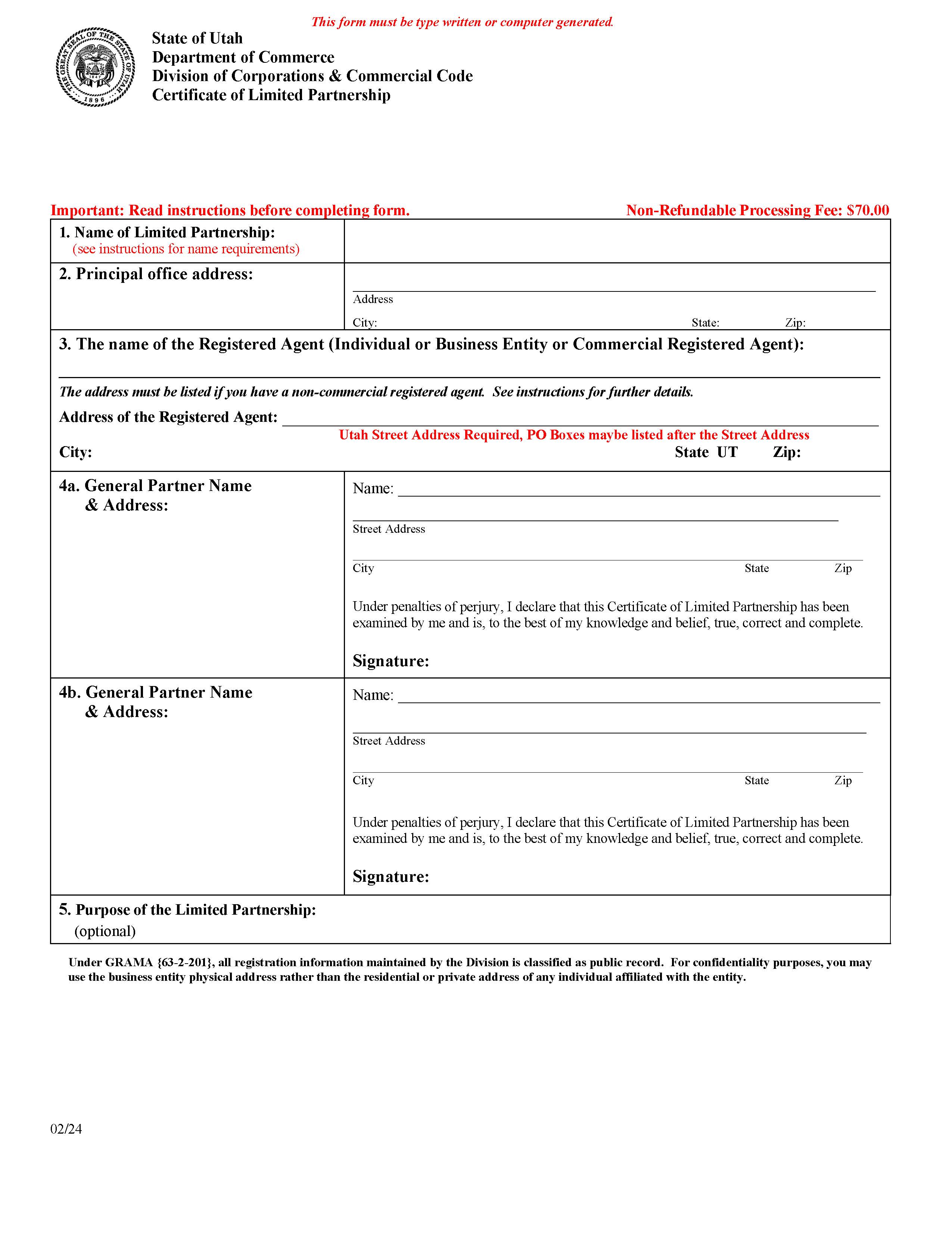 Certificate Of Limited Partnership {UT-CLP} | Pdf Fpdf Doc Docx | Utah