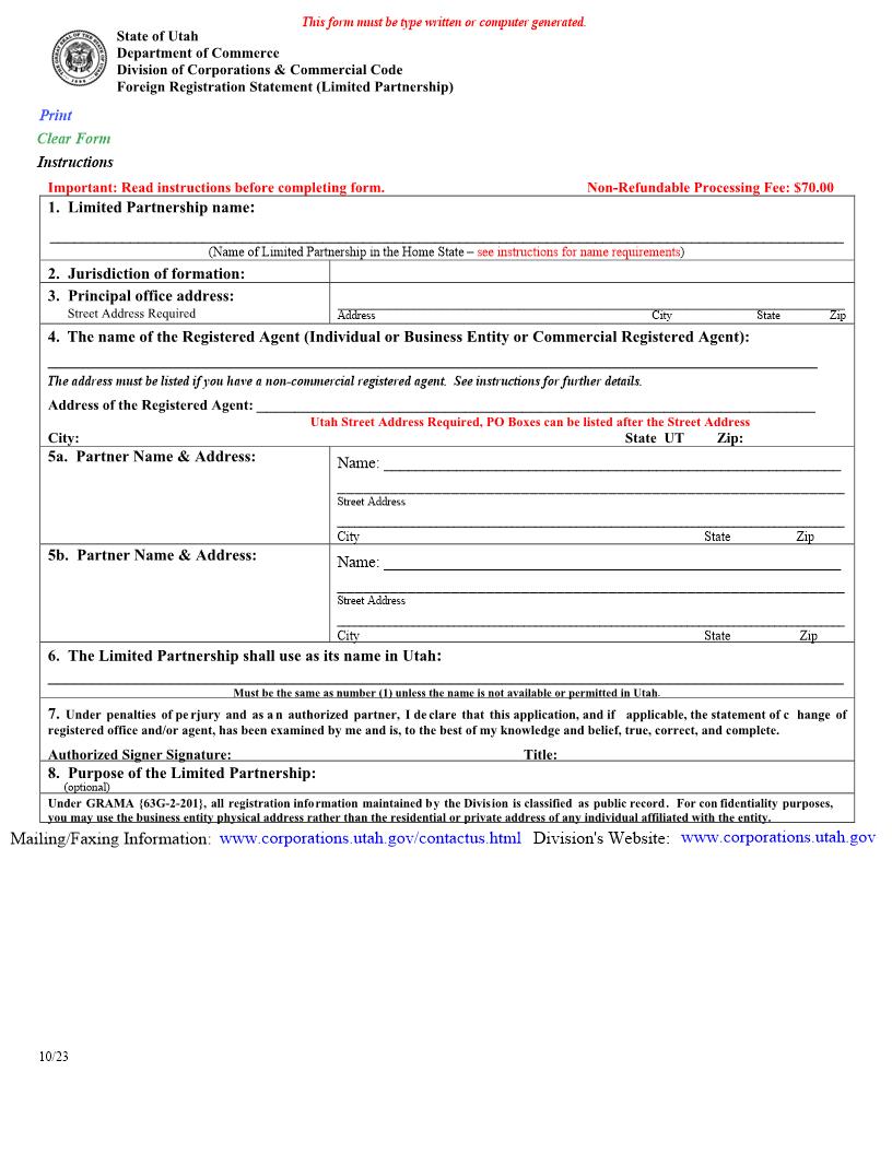 Foreign Registration Statement (Limited Partnership) {UT-FRSLP} | Pdf Fpdf Docx | Utah
