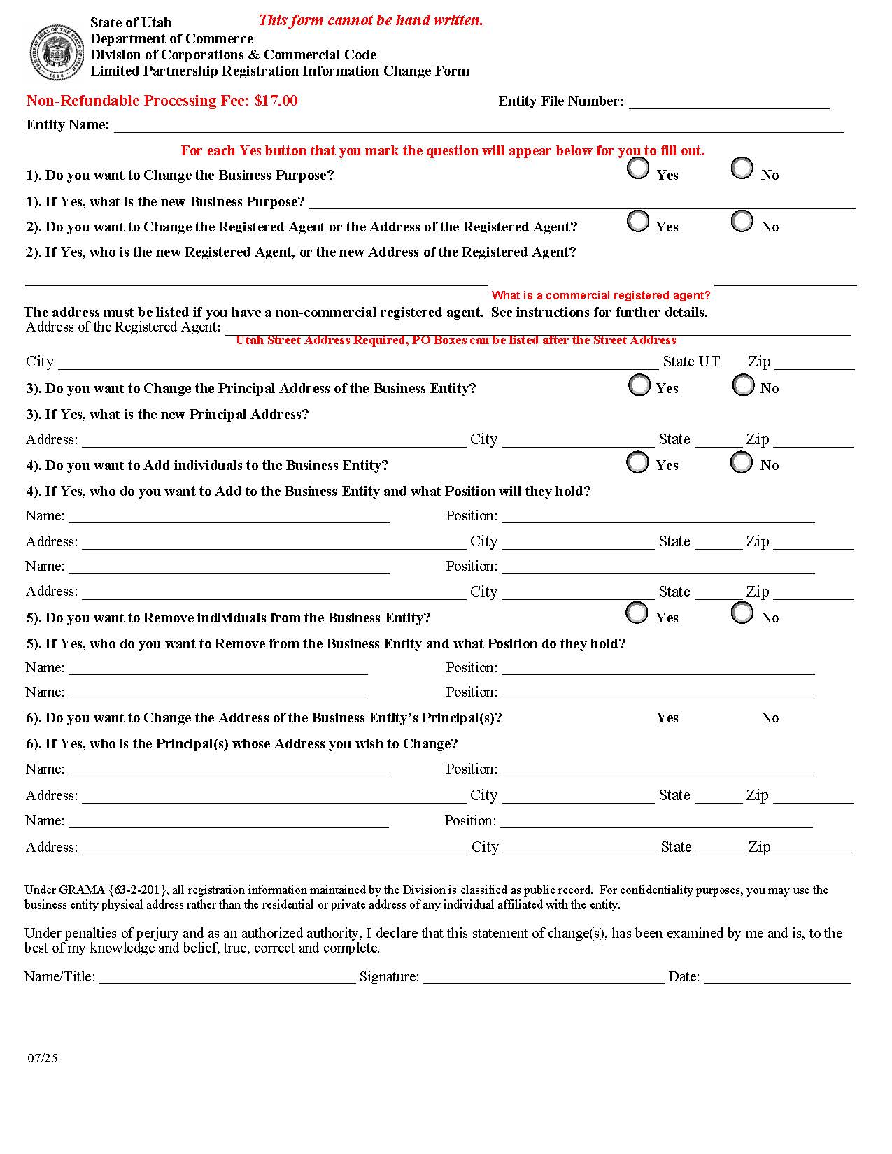 Limited Partnership Registration Information Change Form | Pdf Fpdf Docx | Utah