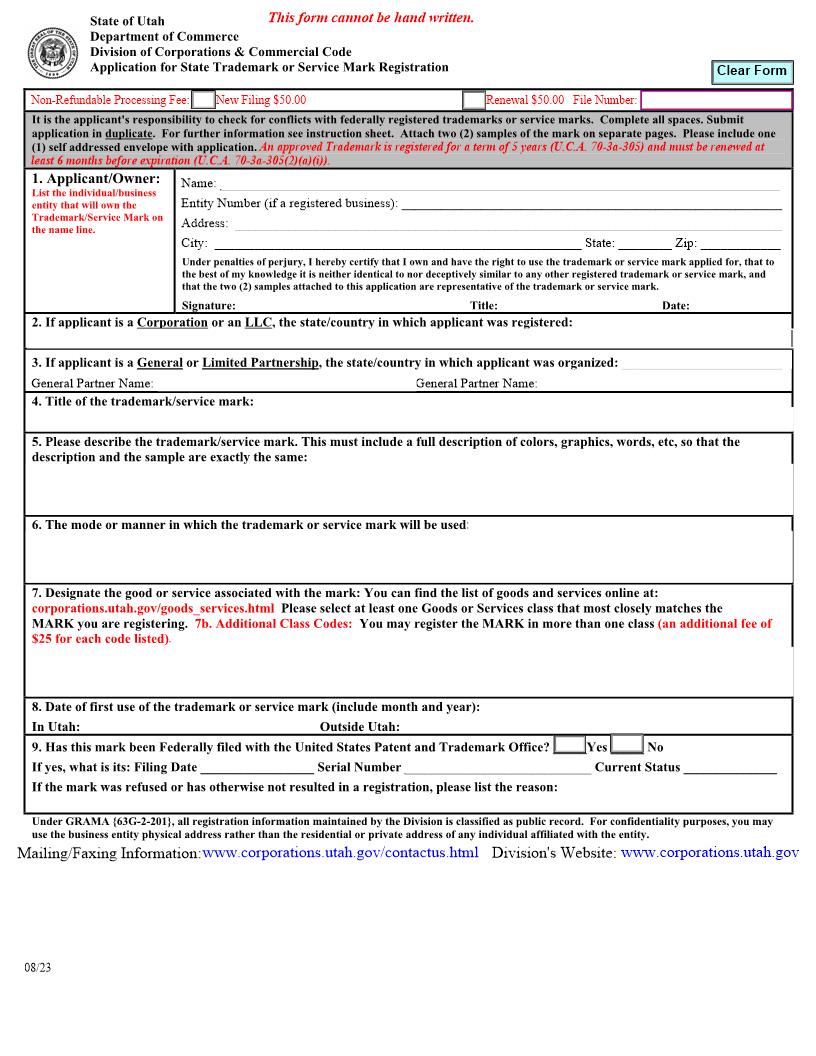 Application For State Trademark Or Service Mark Registration {UT-ASTSMR} | Pdf Fpdf Docx | Utah