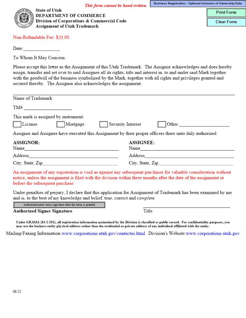 Assignment Of Utah Trademark | Pdf Fpdf Docx | Utah