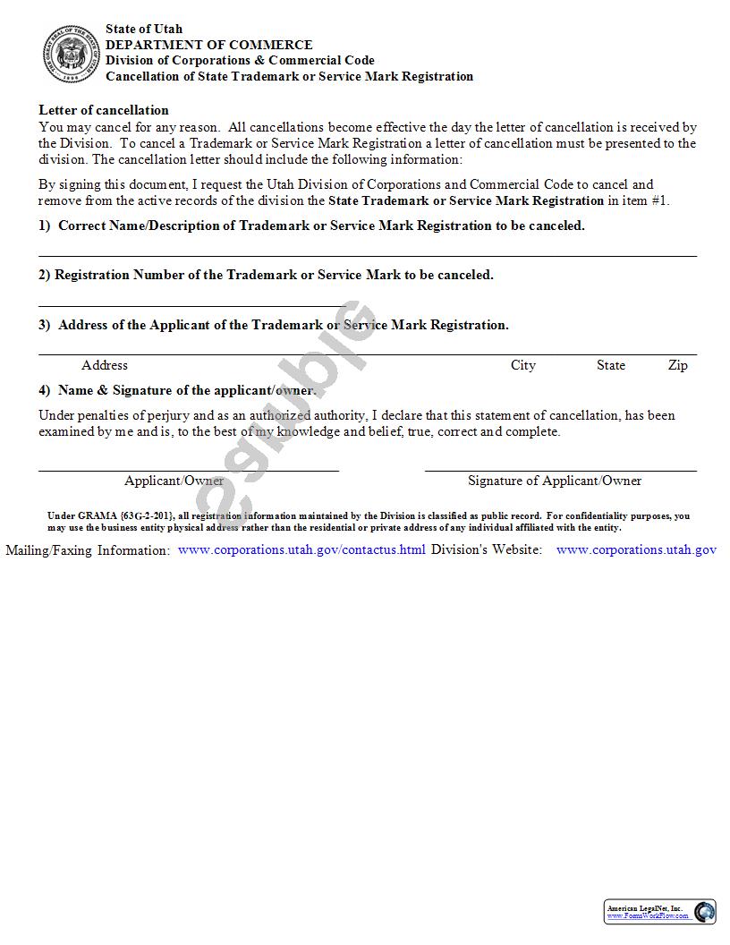 Cancellation Of State Trademark Or Service Mark Registration | Pdf Fpdf Docx | Utah
